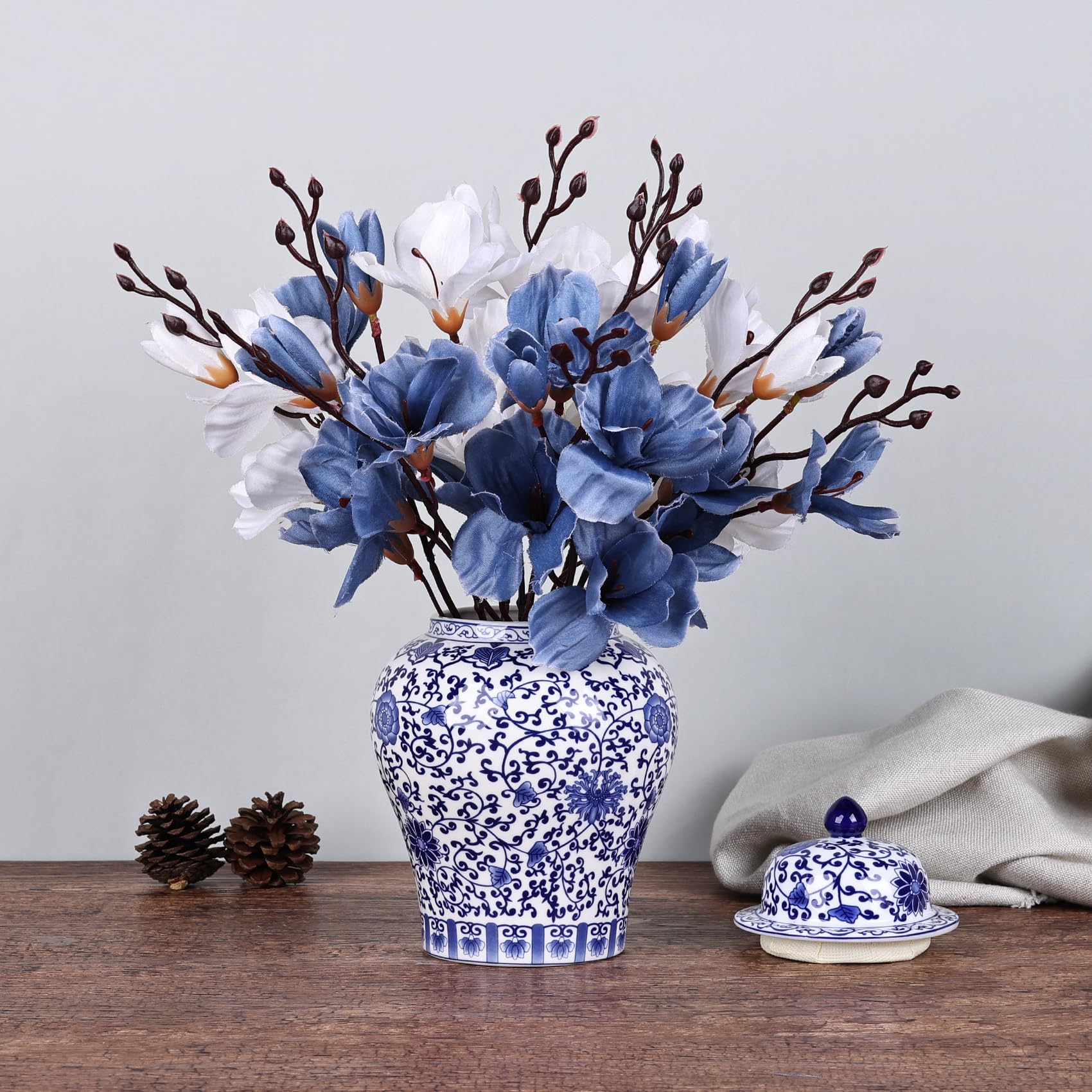 Chinoiserie - Barattolo di zenzero in porcellana blu e bianca, vaso in ceramica fatto a mano per decorazione della casa, barattolo decorativo in stile classico cinese (loto)