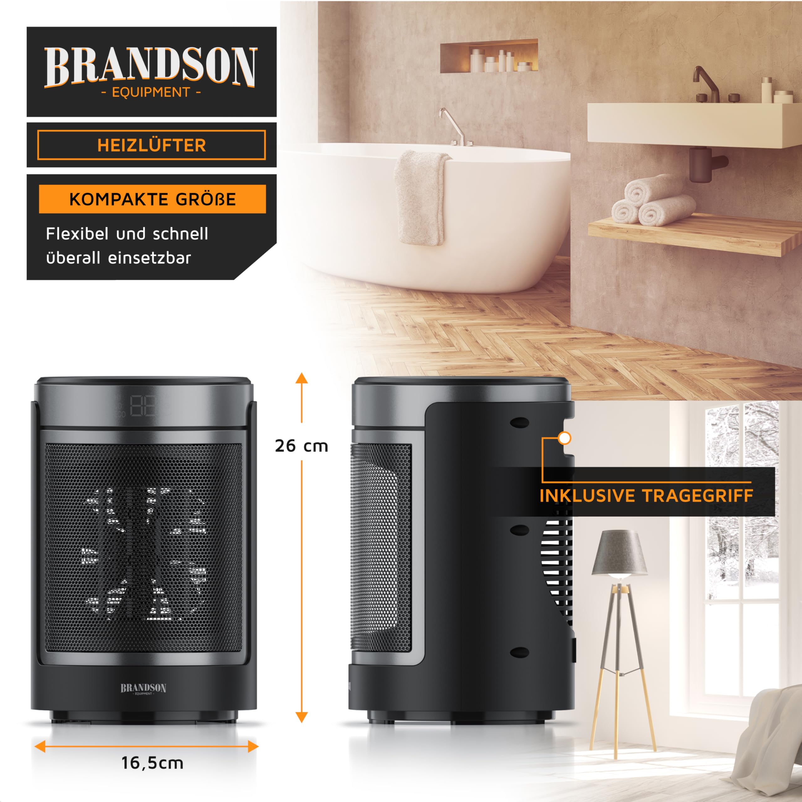 Brandson - Heizlüfter mit Fernbedienung - ECO Modus für energiesparenden Betrieb – Oszillation 50° - 2 Heizstufen - Überhitzungs- und Umkippschutz