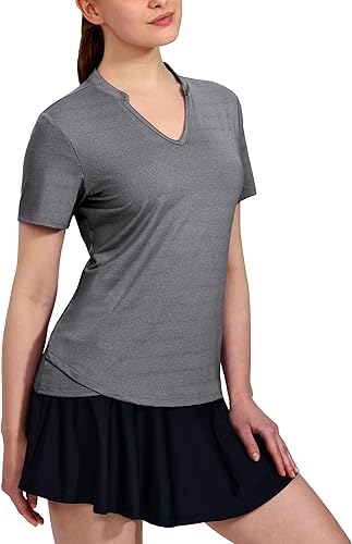MIER Camisetas polo de golf para mujer, sin cuello, manga corta, para tenis, correr, cuello en V, camiseta de verano refrescante