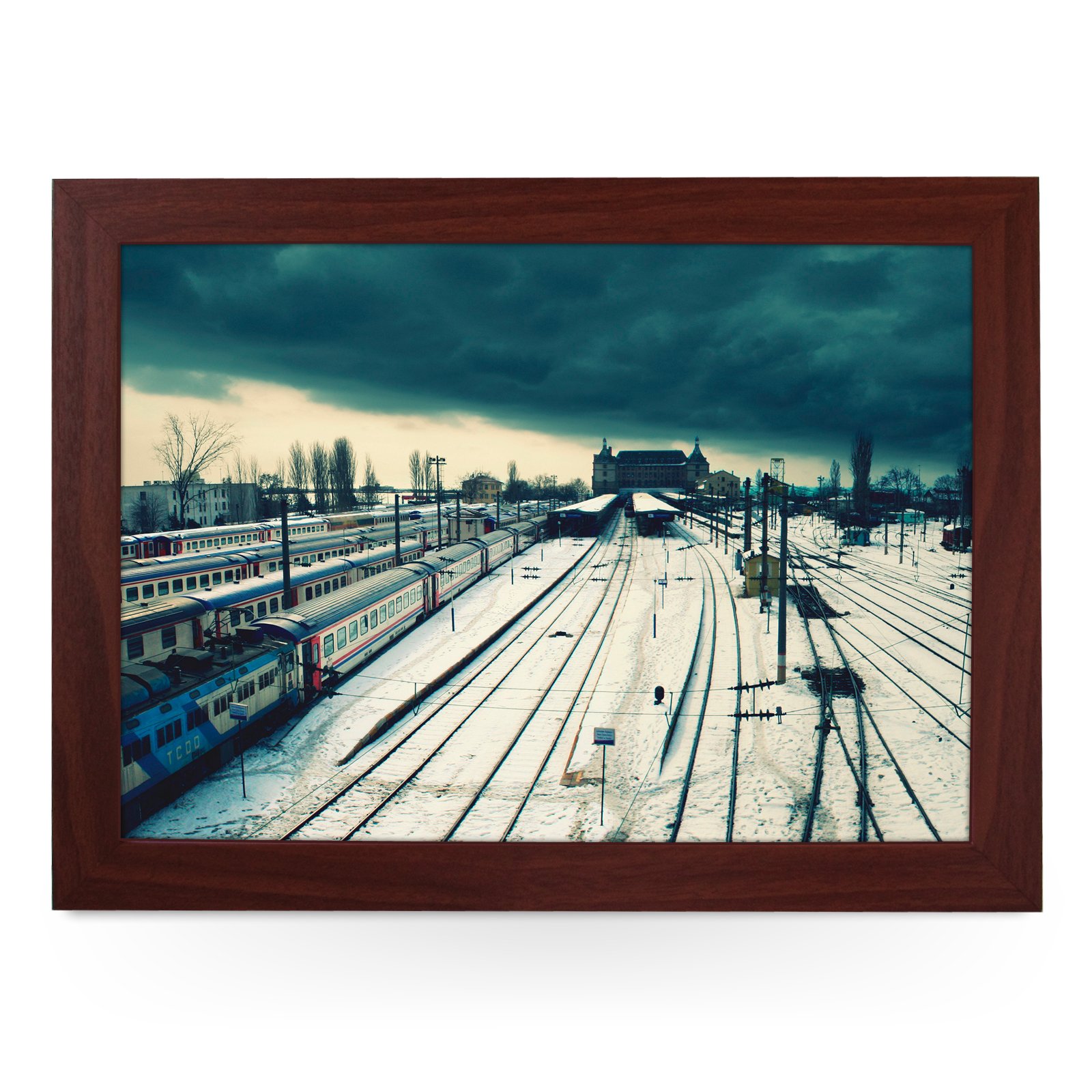 Portable Lap Desk Tray (Snowy Train Station) Handmade Wooden Frame, Beanbag Cushioned Bottom | Computers, Laptops, Meals, Food | L0190 Brown