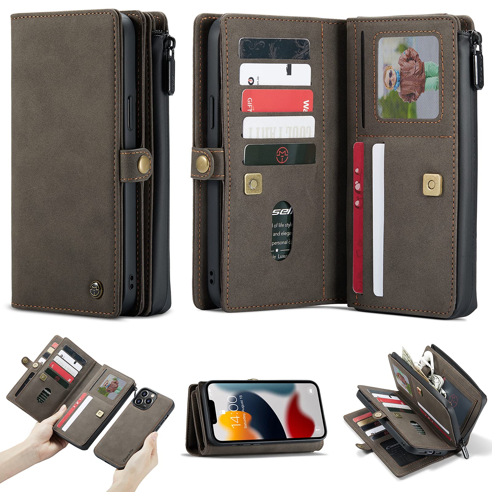 King'sGuard Compatible with iPhone 13 Pro Max Wallet Case, PU Leather Magnetic Detachable Zipper 17 Card Slots Kickstand Full Body Protection (Brown, iPhone 13 Pro Max)