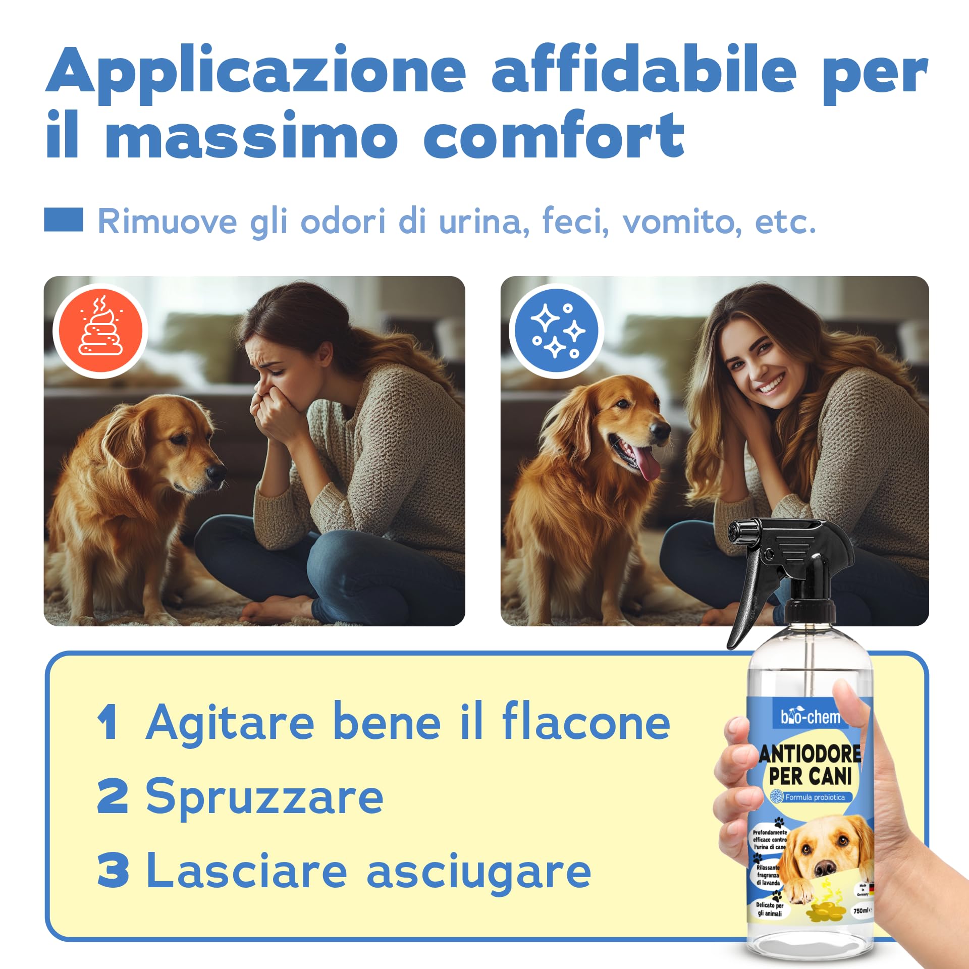 Bio-Chem - Rimuovi odori per cani 3 x 750 ml - Rimuovi odori di urina di cani - Detergente della lettiera del cane - Prodotti per la pulizia della casa