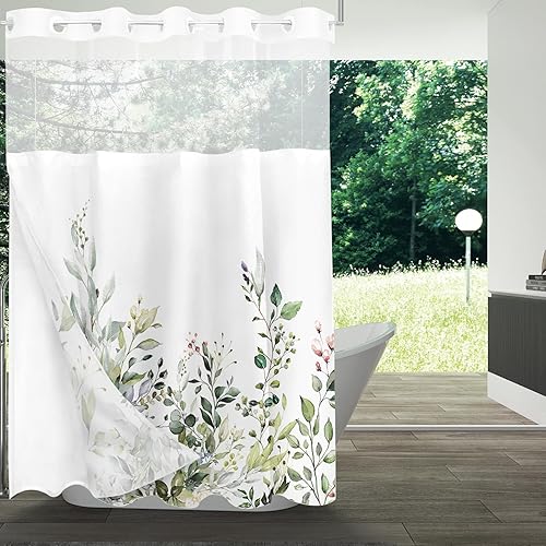 Miniatura 93 de Tititex - Juego de cortinas de ducha de hojas de eucalipto verde con cierres de presión, sin ganchos, forro interior verde, hojas de acuarela en la
