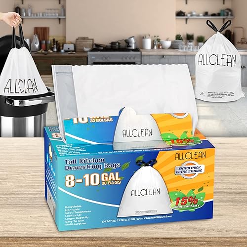 Miniatura 1 de Bolsas de basura pequeñas de 2 a 4 galones con cordón con asas, pequeñas bolsas de basura de cocina con cordón blanco, bolsas de basura ultra