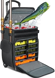 Rolling Tackle Box with Cooler, MATEIN Large Fishing Bag with Wheels for 5 Trays(Trays Not Included), Saltwater Resistant Tackle Backpack with Rod Holders&Waterproof Bottom for Storage Gear Pole Lures
