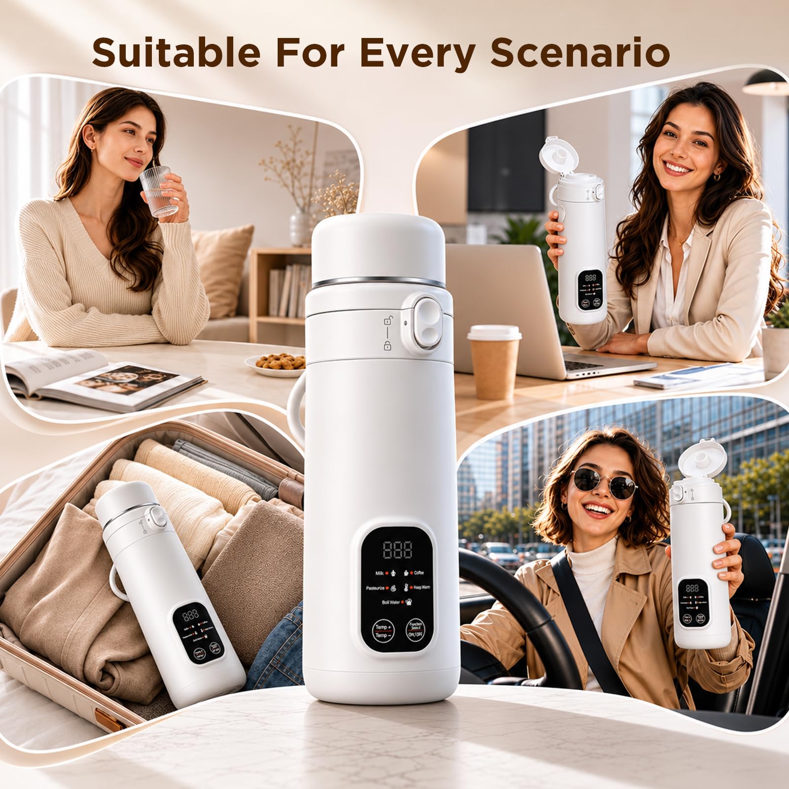Bouilloire électrique portable 500 ml, 3 types d'alimentation de voiture/USB/prise européenne, 5 réglages de température