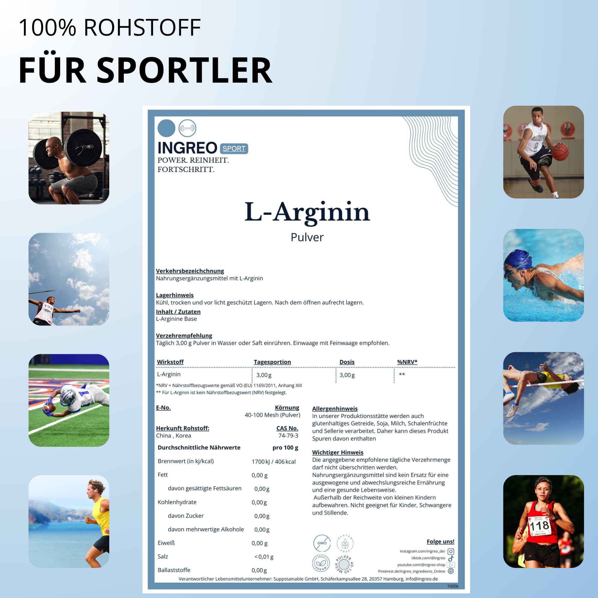 L-Arginin Base Pulver (40–100 Mesh) – 100% rein ohne Zusätze | Aminosäure für Training, Durchblutung & Fitness | Abgefüllt in Hamburg nach HACCP-Standard (3kg (3x1kg))
