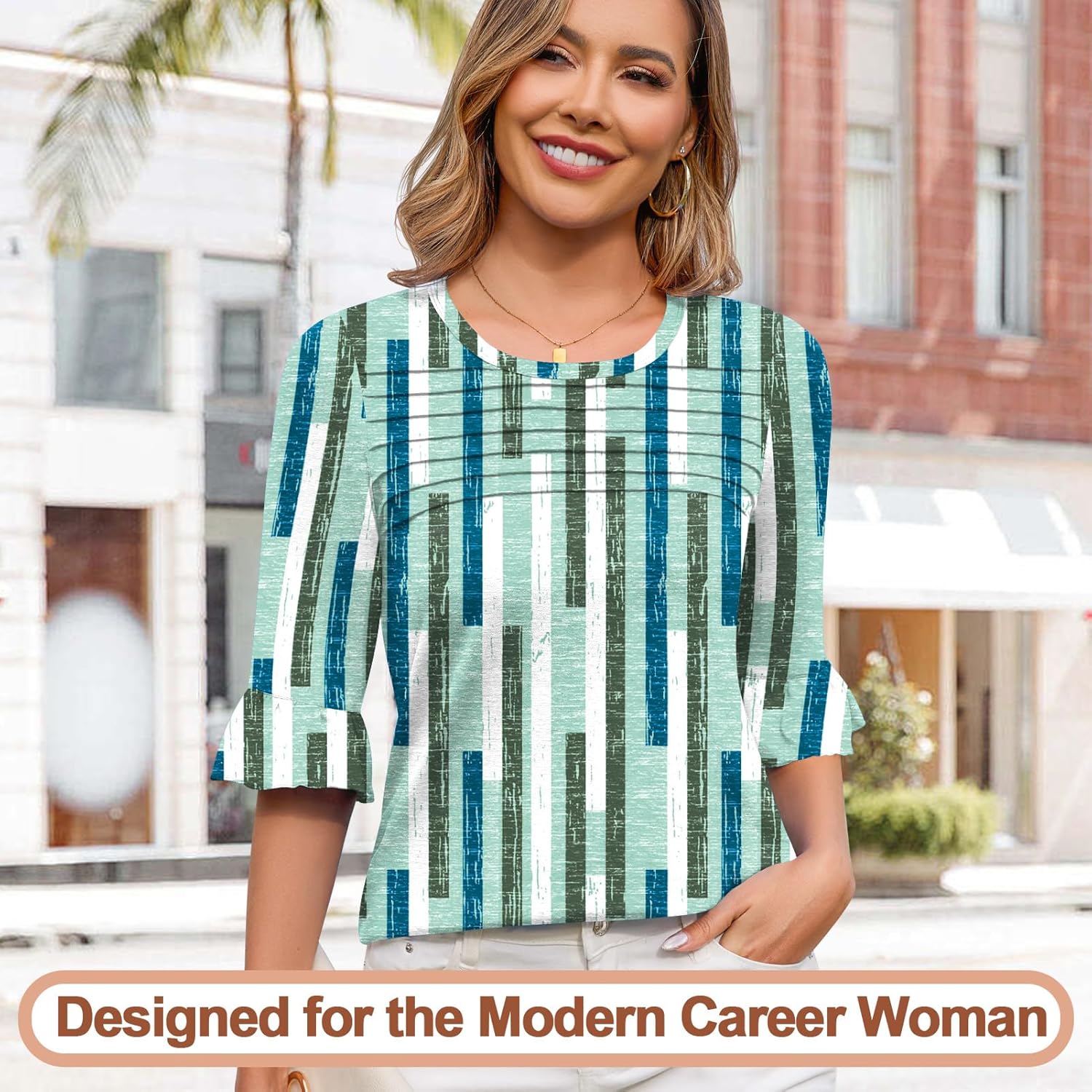 Blingfit Womens Tops 3/4 Length Sleeve Dressy Casual Shirts Bell Sleeve Front Pleated Fasion Trendy Summer Blouses 2026 - Image 2