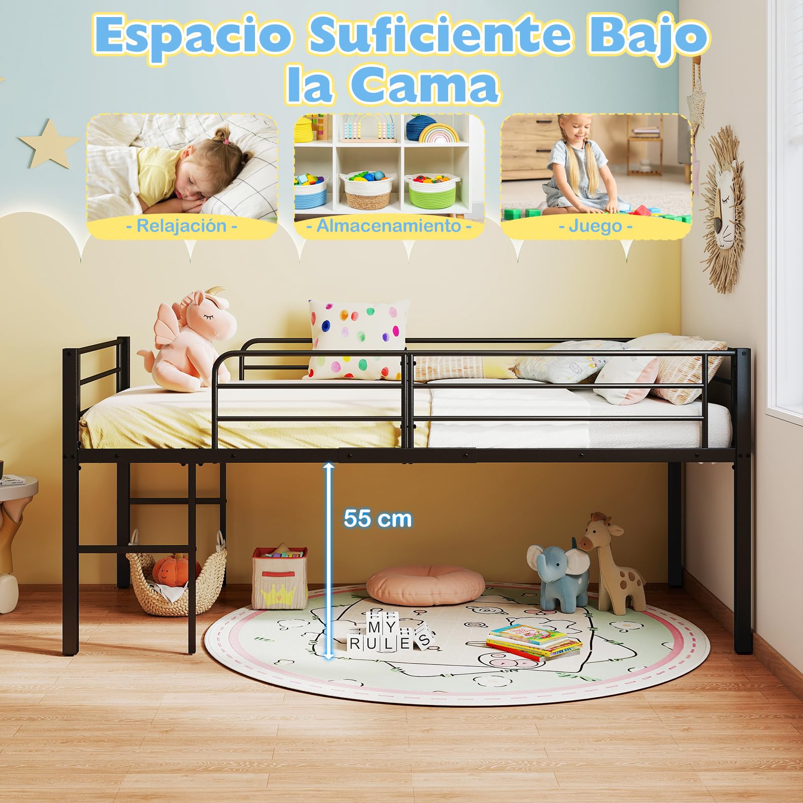 COSTWAY Cama Individual Somier, Estructura Metálica con Barandillas de Seguridad y 2 Escaleras, Listones Metálicos Resistentes para Cama Altillo para Niños, Jóvenes, 198,5 x 96 x 88 cm (Negro)