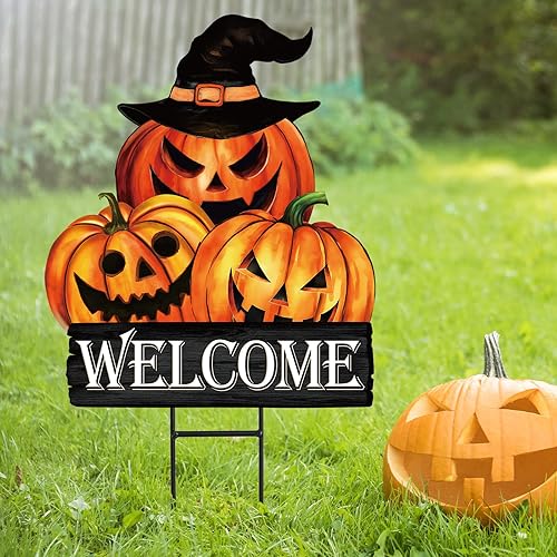 JarThenaAMCS Vintage Halloween Pumpkin Metal Garden Stake Evil Pumpkin Face
