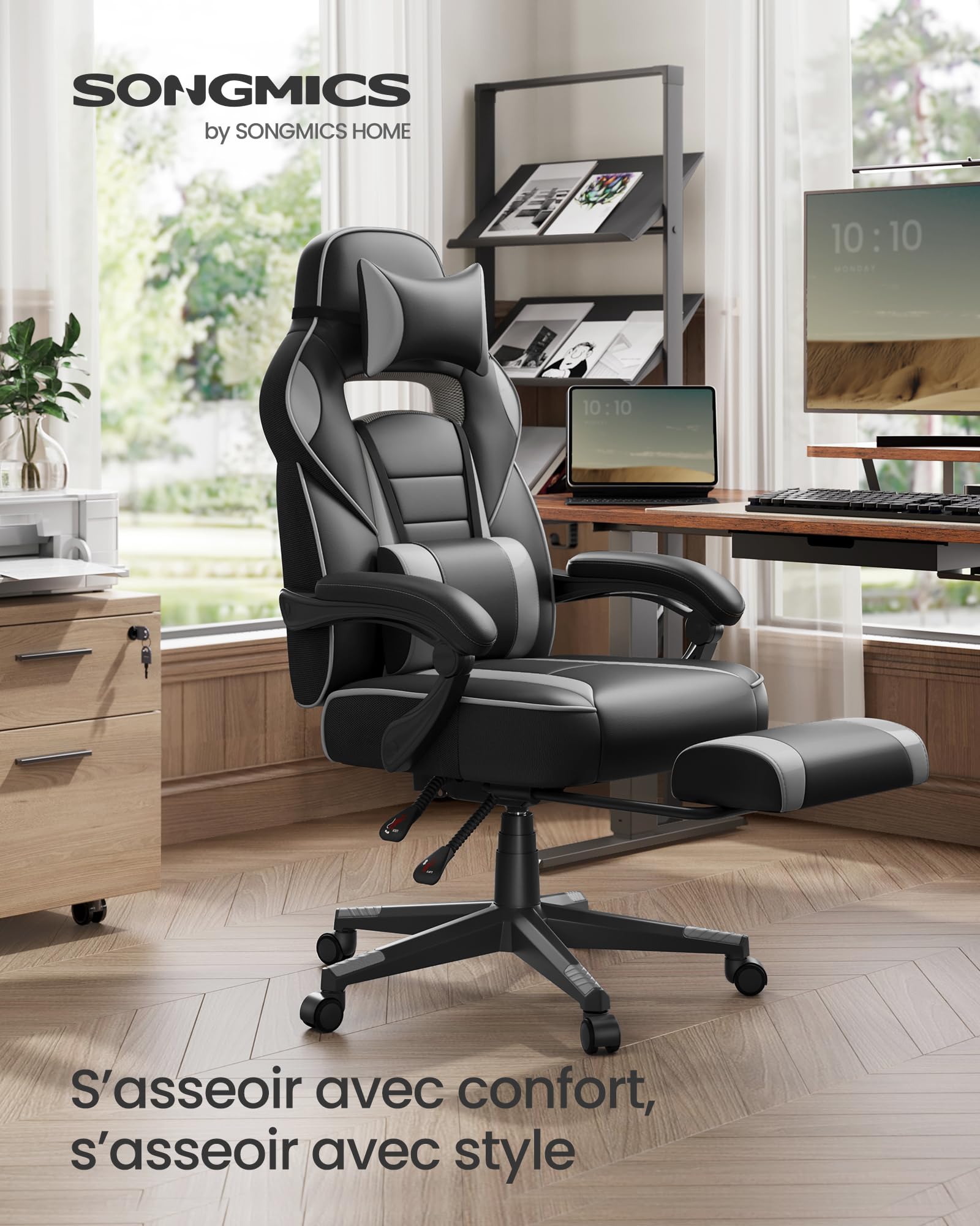 SONGMICS Fauteuil de Bureau, Chaise Gaming, RÉglable, Repose-pieds TÉlescopique, MÉcanisme À Bascule, Appui-tÊte, Support Lombaire, Charge 150 kg, Noir d'Encre et Gris Tourterelle OBG073B03