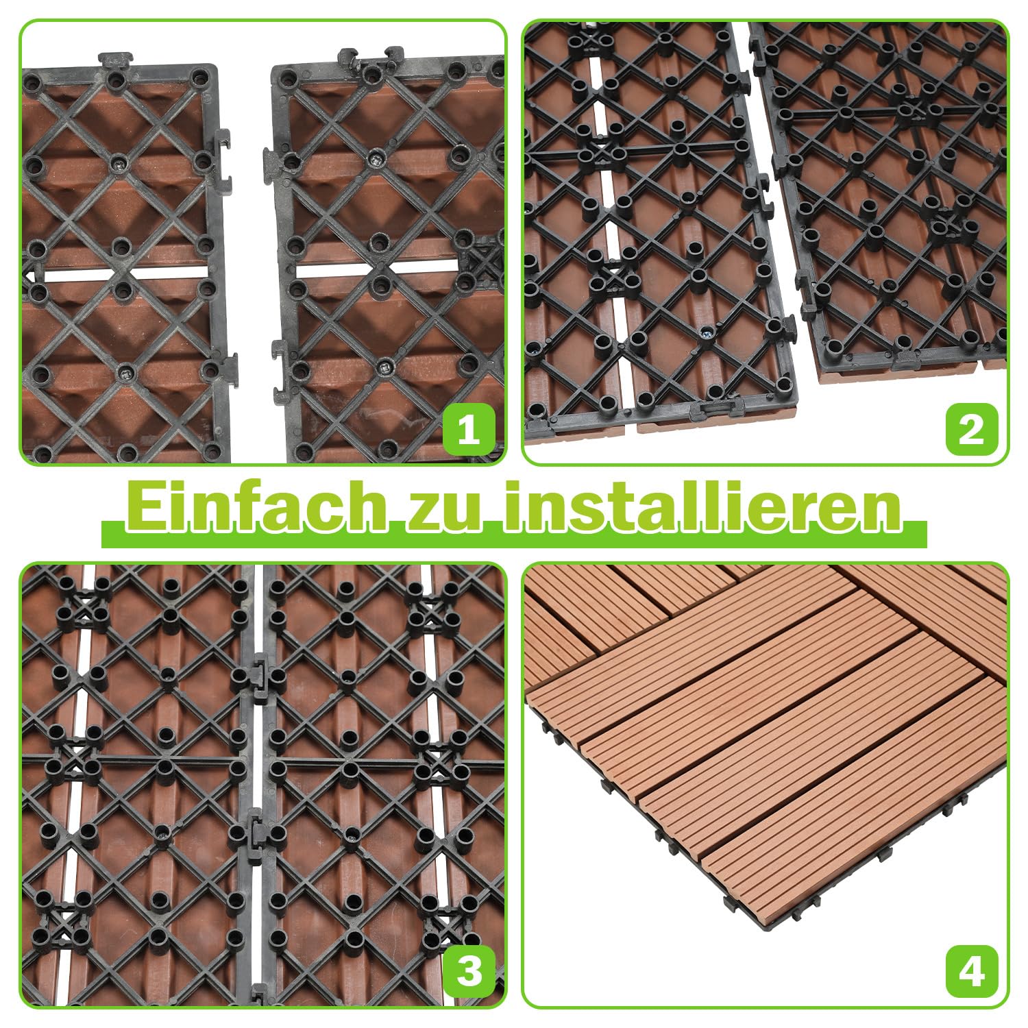 WPC Fliesen 30x30 cm, 66 Stück Balkonfliesen für 6m²,WPC Terrassenfliesen mit Klick-System,Balkon Bodenbelag Wetterfest,Wasserdicht,Terassenplatten Außenbereich Braun