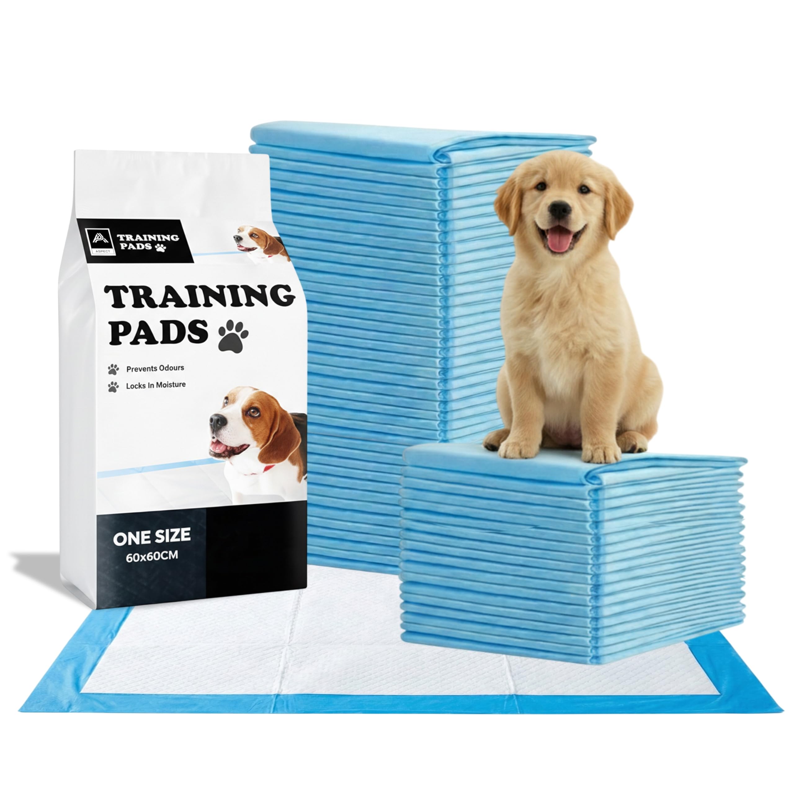 Aspect 100 x Puppy Pads, Leakproof 6-Layer Design with Quick-Dry Surface, Disposable Puppy Training Pads (Blue, 60 x 60cm)