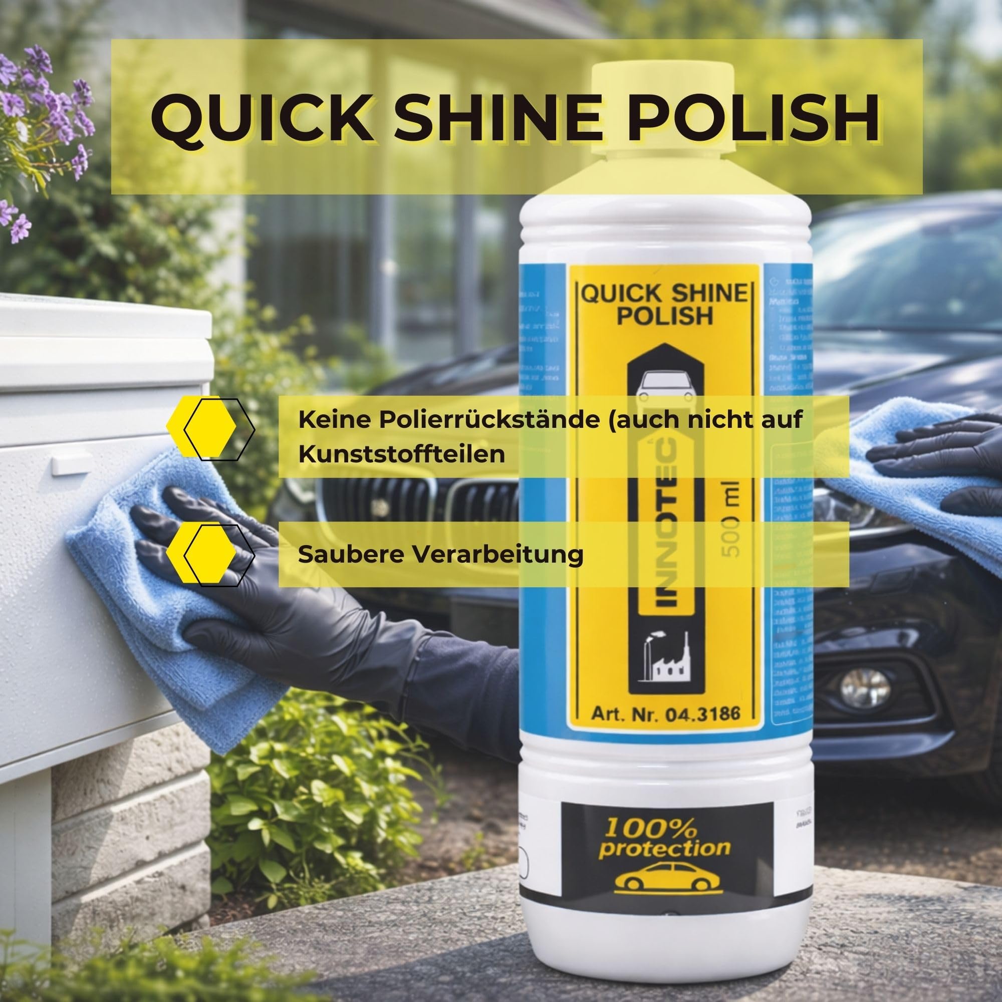 4 Stück INNOTEC Quick Shine Polish 500 ml – Hochglanz-Lackpolitur & Schutz für neuwertige Kfz-Lacke, auch dunkelblau/schwarz – langanhaltender Umweltschutz für Lack, Glas & Kunststoff – Profi-Polish