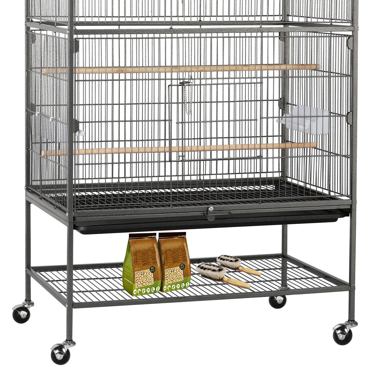 Yaheetech Vogelvoliere großer Vogelkäfig mit 2 Türen Vogelhaus mit Holzstangen und 4 Rollen mit schmutzwanneneinsatz 52 x 79 x 132 cm