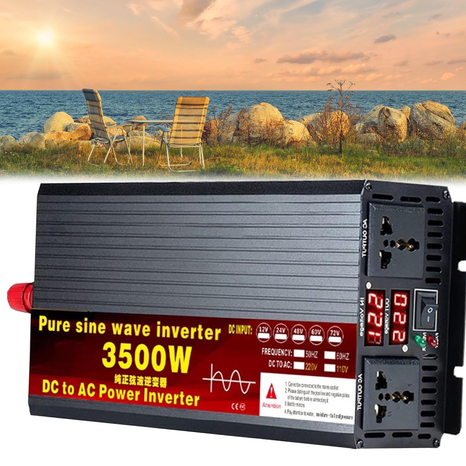 Falownik sinusoidalny, 3500 W, 4000 W, 5000 W, 5000 W, falownik prądu stałego 12/24/48/60/72V do 110 VAC, z 2 gniazdami AC, falownik prądu stałego, do kampera, ciężarówki, na zewnątrz