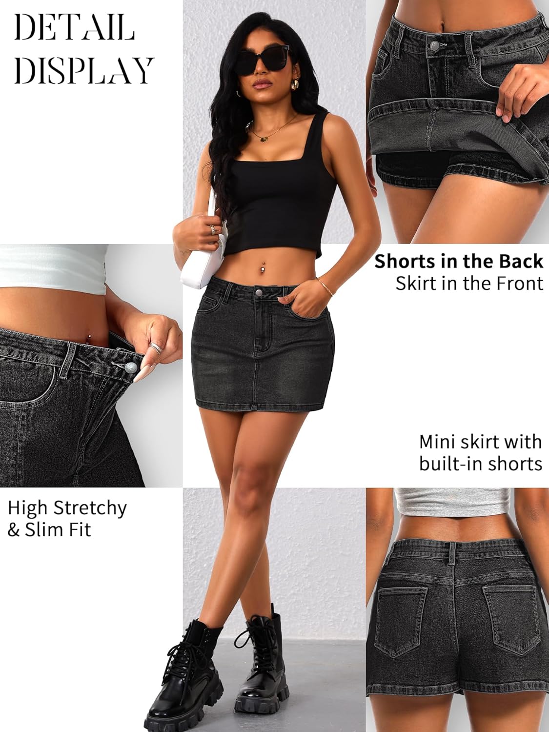 ELLEVEN High Stretchy Mini Skort Skirt for Women,Low Waist Denim Skort Shorts with Pockets - Image 5