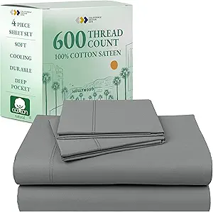 California Design Den California King Sheet Set - 100% Cotton, 600 Thread Count Deep Pocket Cal King Sheet Set, Luxury Hotel-Quality Sheets with Soft Sateen Weave - Mist Grey