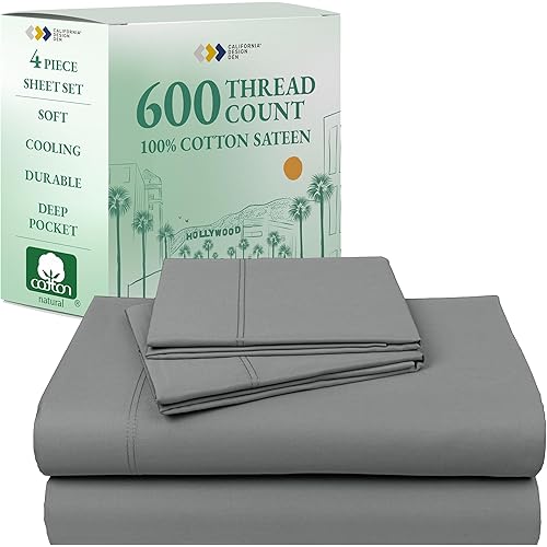 California Design Den Luxury Queen Size Sheet Set - 100% Cotton, 600 Thread Count Deep Pocket Queen Sheets, Hotel-Quality Bedding with Sateen Weave - Mist Grey