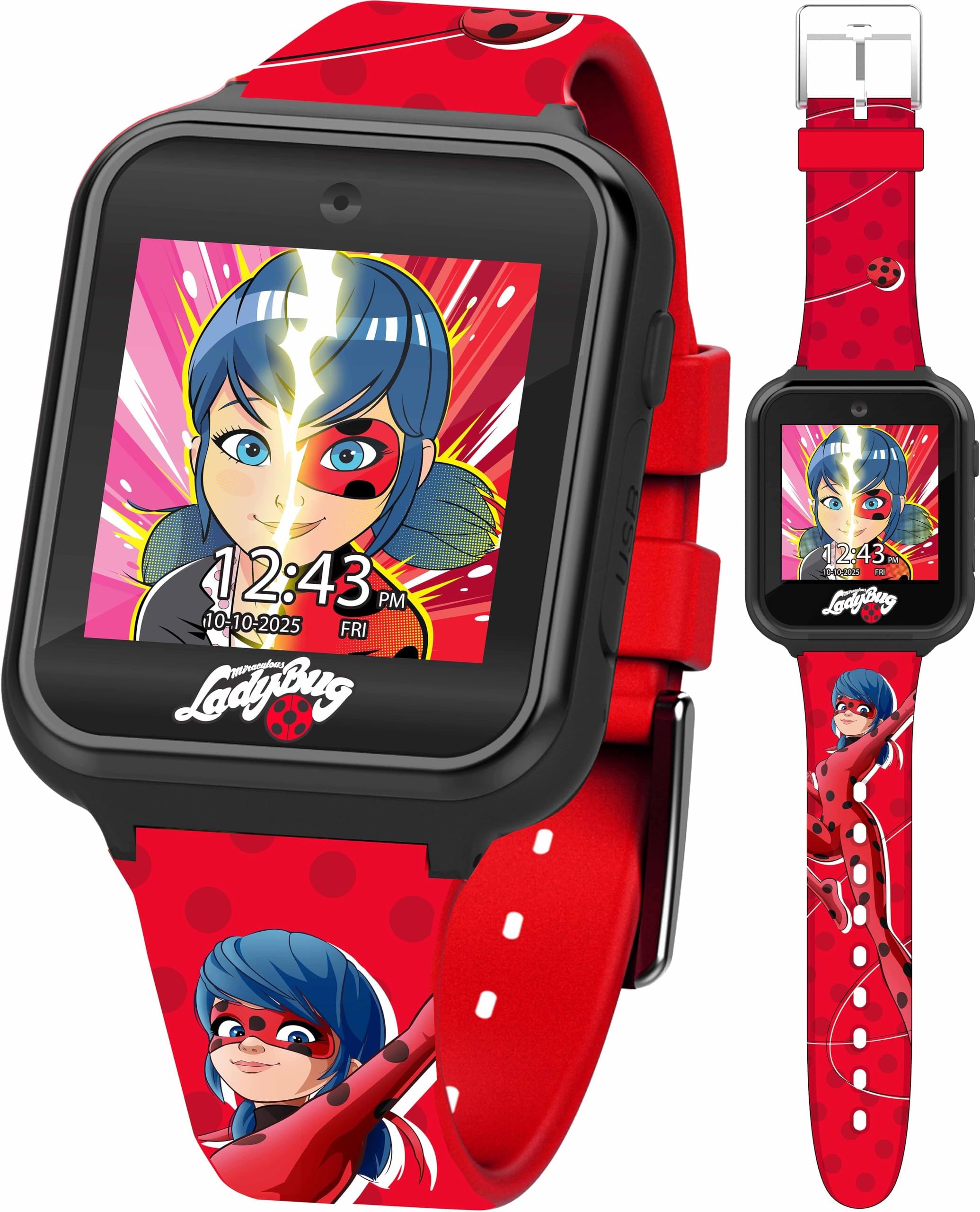 Accutime Miraculous Ladybug Kids Red Educational Learning Touchscreen Smart Watch Toy for Girls, Boys, Toddlers - Selfie Cam, Learning Games, Alarm, Calculator, Pedometer & More (Model: MRC4010AZ)