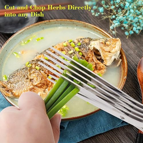 Miniatura 4 de Styleonme Tijeras de hierbas, tijeras afiladas y pesadas para cortar, cortar y cocinar hierbas frescas de jardín, 5 cuchillas de acero inoxidable y