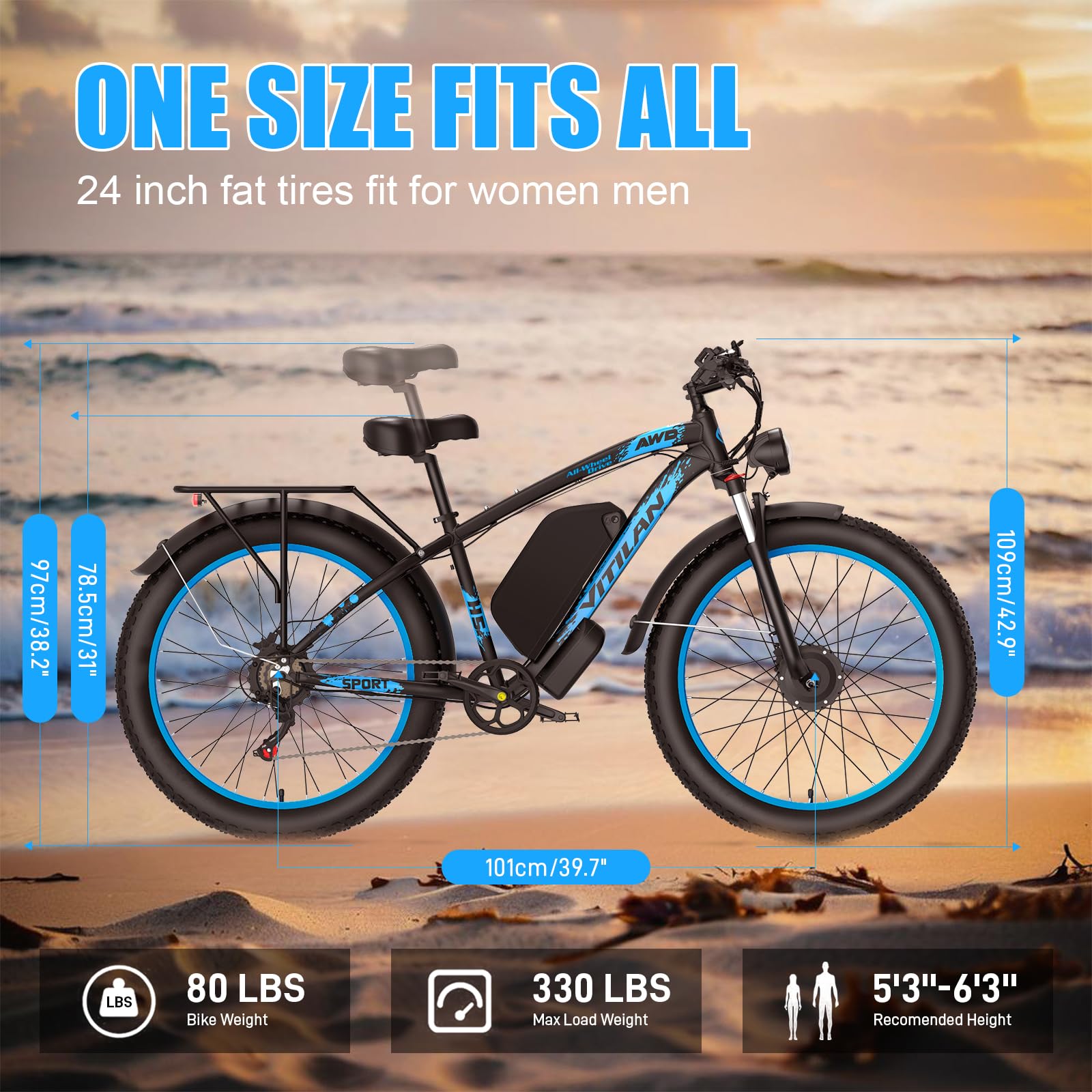 H5 Vélo Électrique pour Adultes, Vélo Électrique à Double Moteur, Batterie 52V 25Ah, Ebike à Pneus Gras 24" x 4", 7 Vitesses, AWD pour Tout-Terrain, Route, Pendulaires