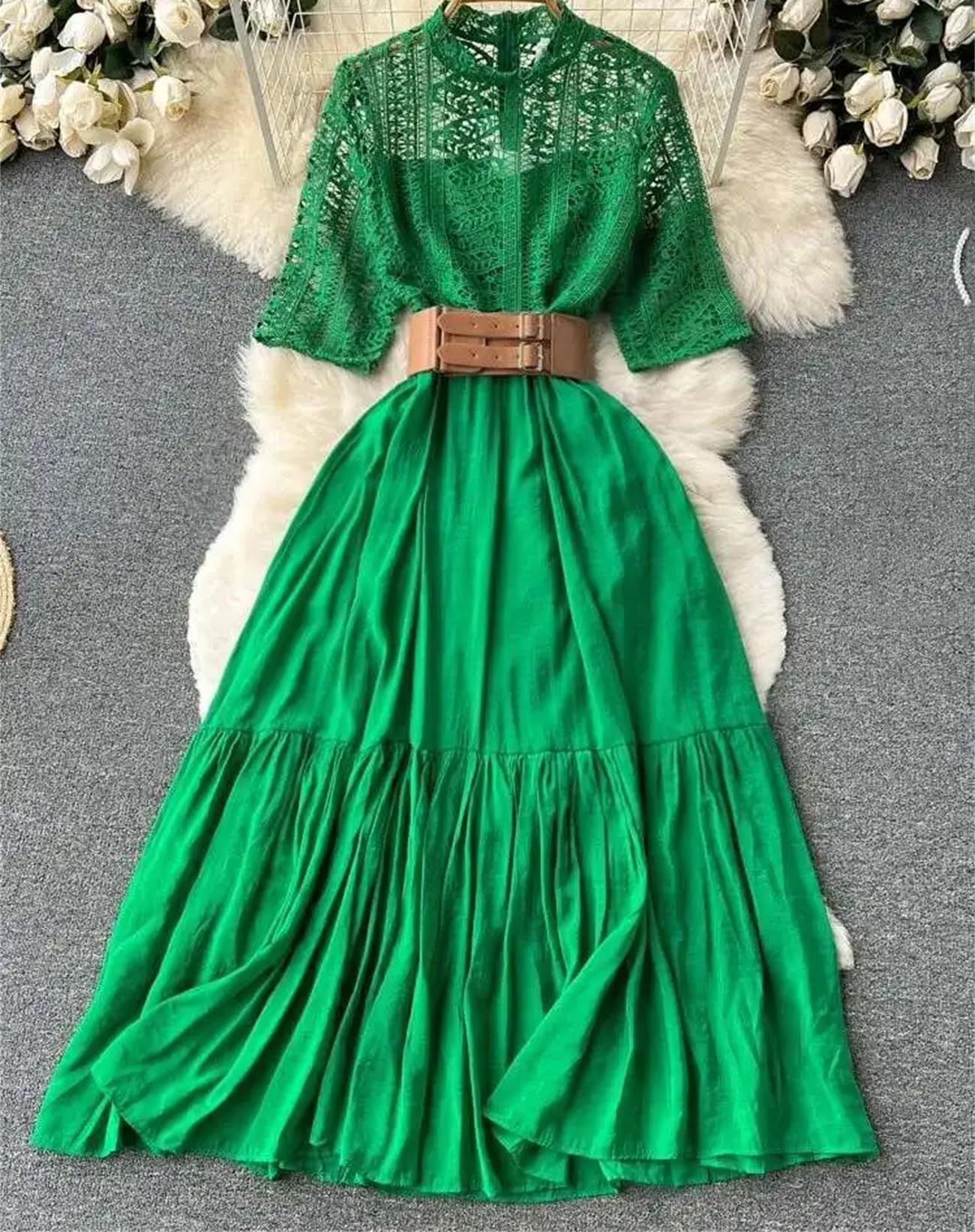 Yeuyyben Pizzo Chiffon Abiti Moda Donna Scava Fuori Embroidey Manica Corta Cintura Elegante Partito Lungo Prom