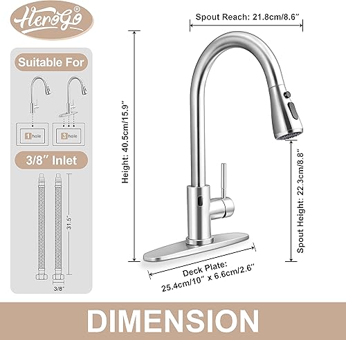 Miniatura 2 de Herogo - Grifo de fregadero de cocina sin contacto con rociador extraíble, níquel cepillado 1810 de acero inoxidable activado inteligente para