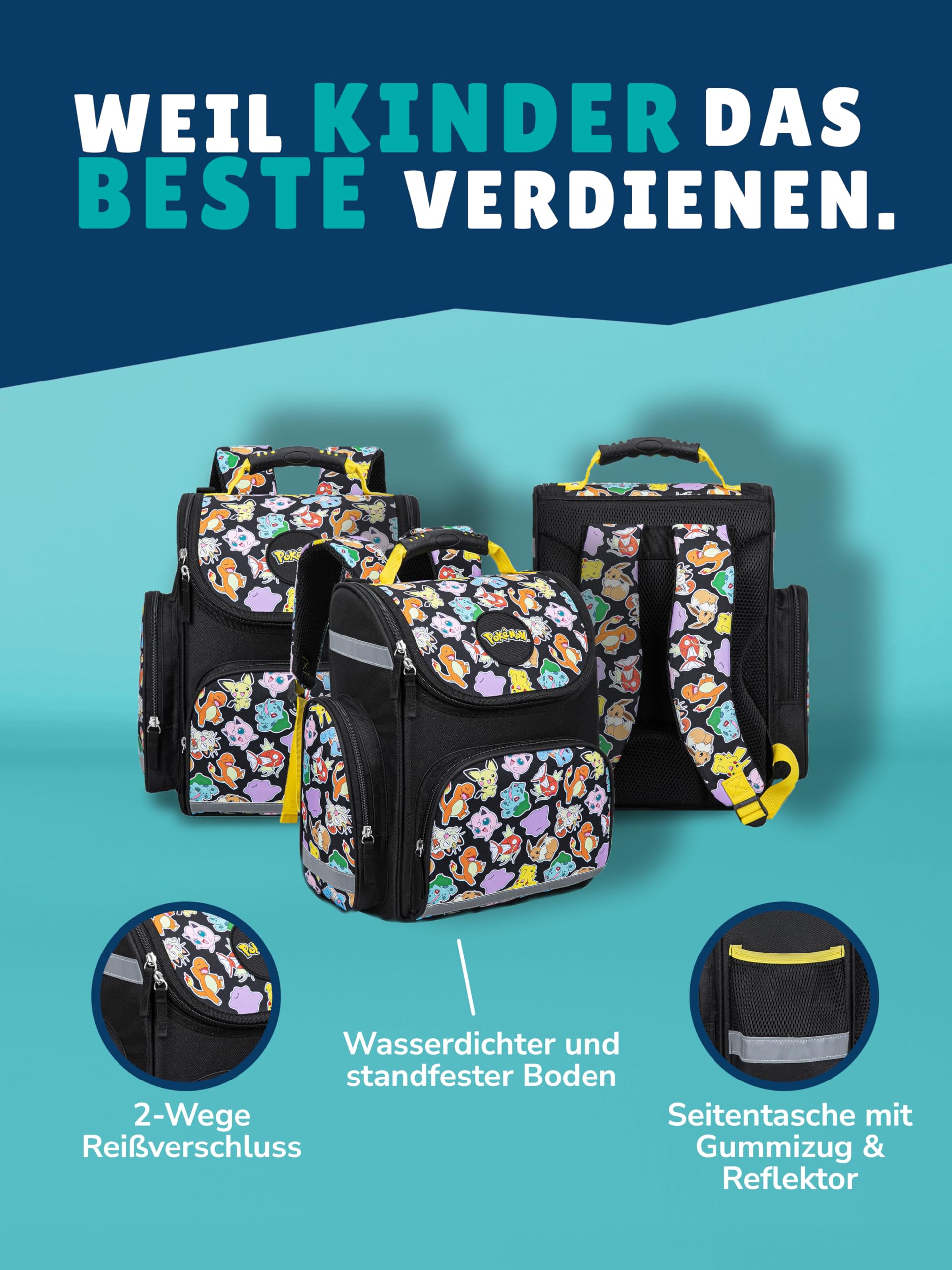 Familando Pokémon tornister szkolny 1. klasa · ergonomiczny tornister dla chłopców i dziewczynek · Tornister szkolny Pokemon z motywem Pikachu w zestawie, wielokolorowa, 9-częściowy zestaw obiadowy i