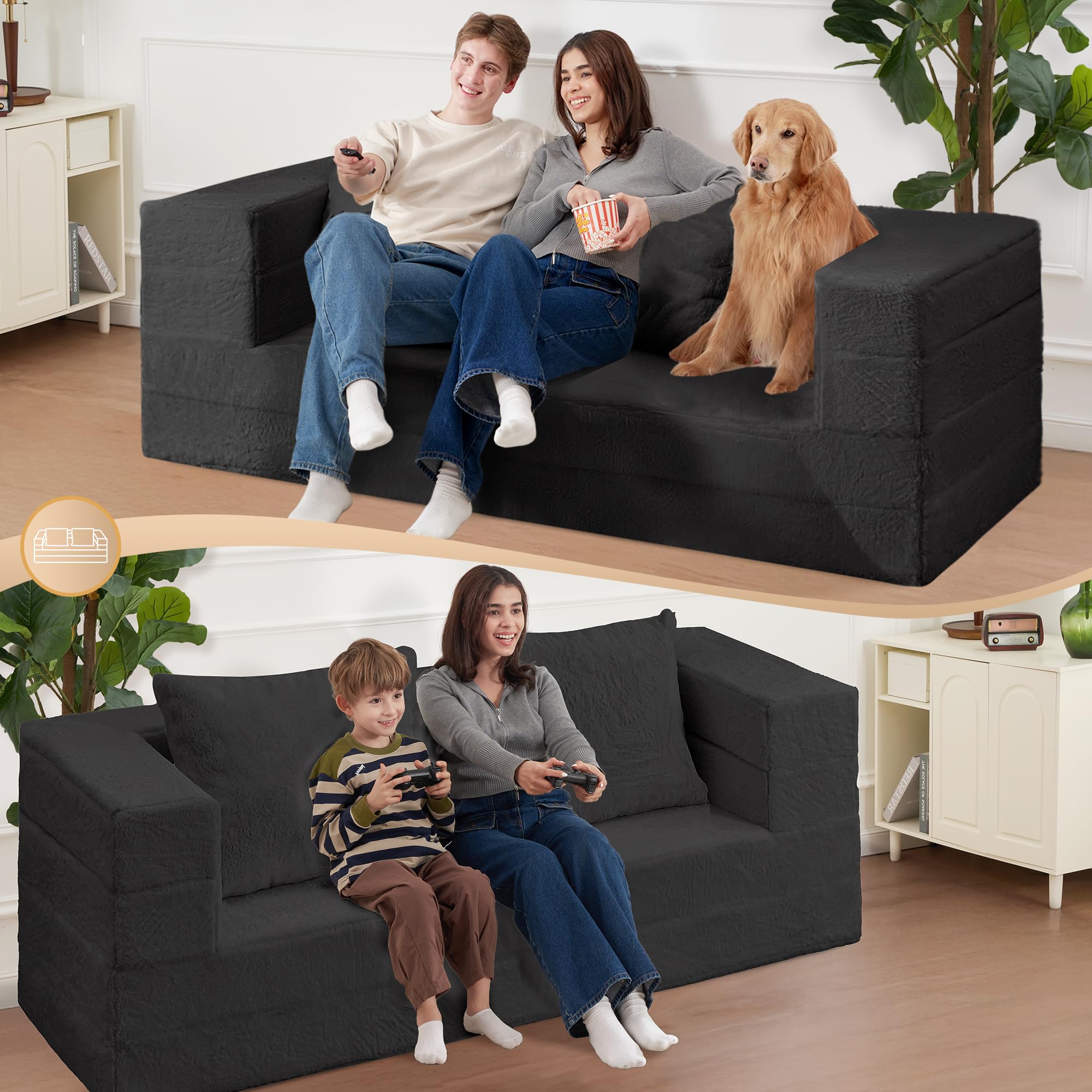 Futon Sofa Bed with Pillow, 3-in-1 Sleeper Sofa Bed with Removable Cover | Convertible Floor Sofa Bed with Memory Foam Filled, No Assembly Boneless Couch for Living Room, Bedroom（Black King）