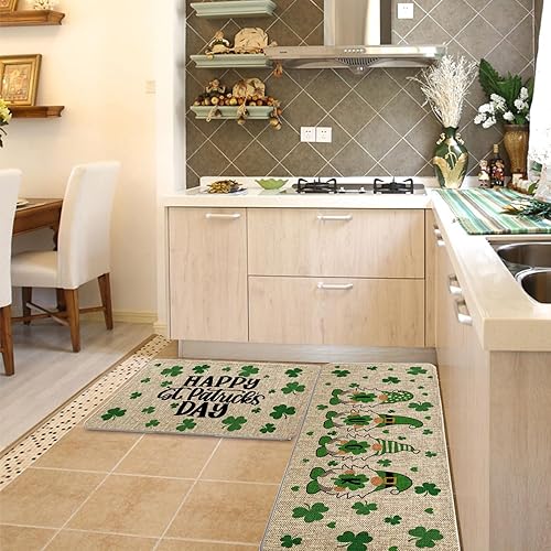 Miniatura 5 de Juego de 2 tapetes de cocina del Día de San Patricio, gnomos de Sharmrock, juego de 2 tapetes de piso de fiesta de granja para decoración del hogar,