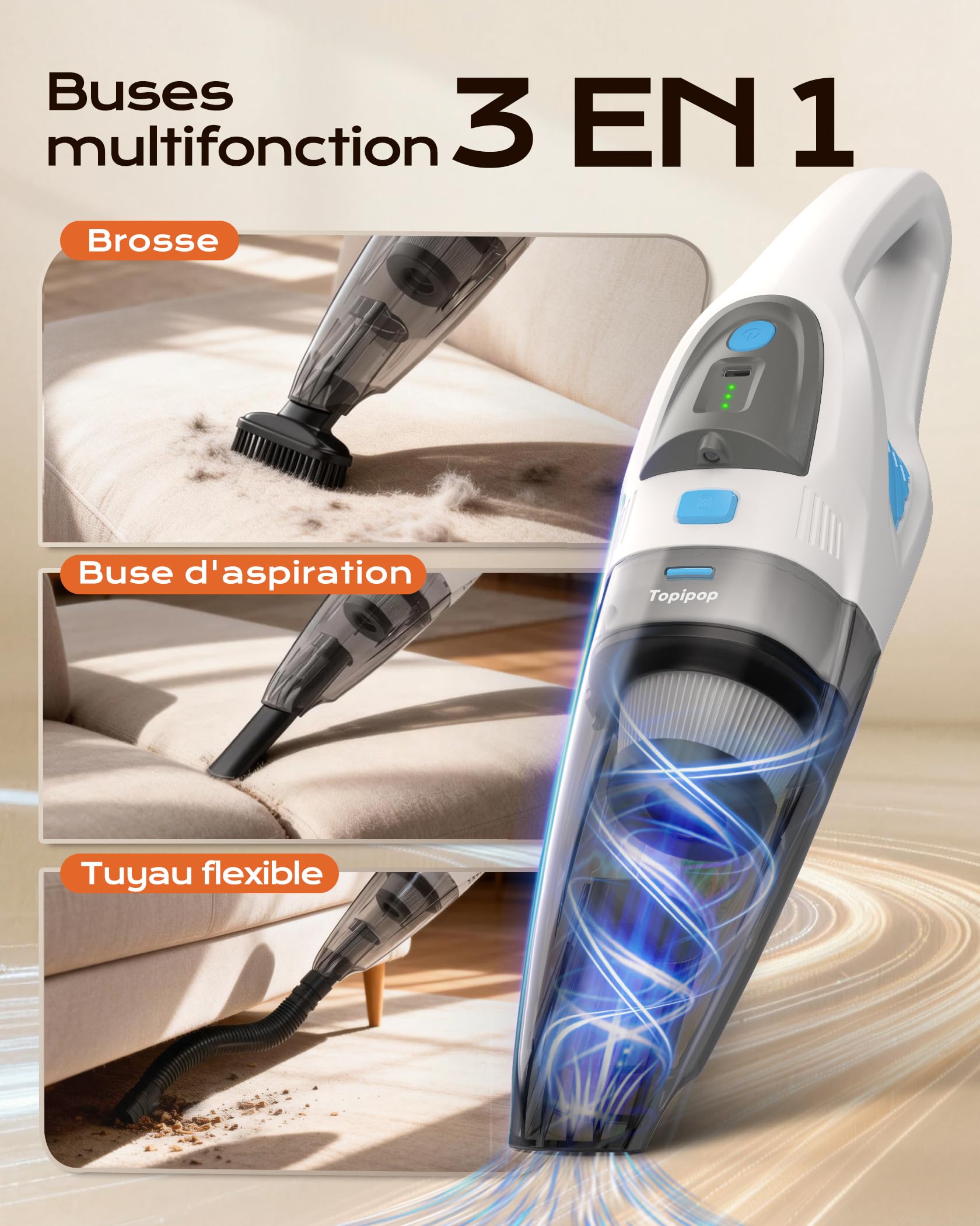 Topipop Aspirateur à Main sans Fil 25000Pa, Batterie 8000mAh & Filtre HEPA Lavable, Mini Aspirateur avec LED, 3 Embouts et Station de Charge pour Maison, Voiture, Poils d'animaux (Blanc)