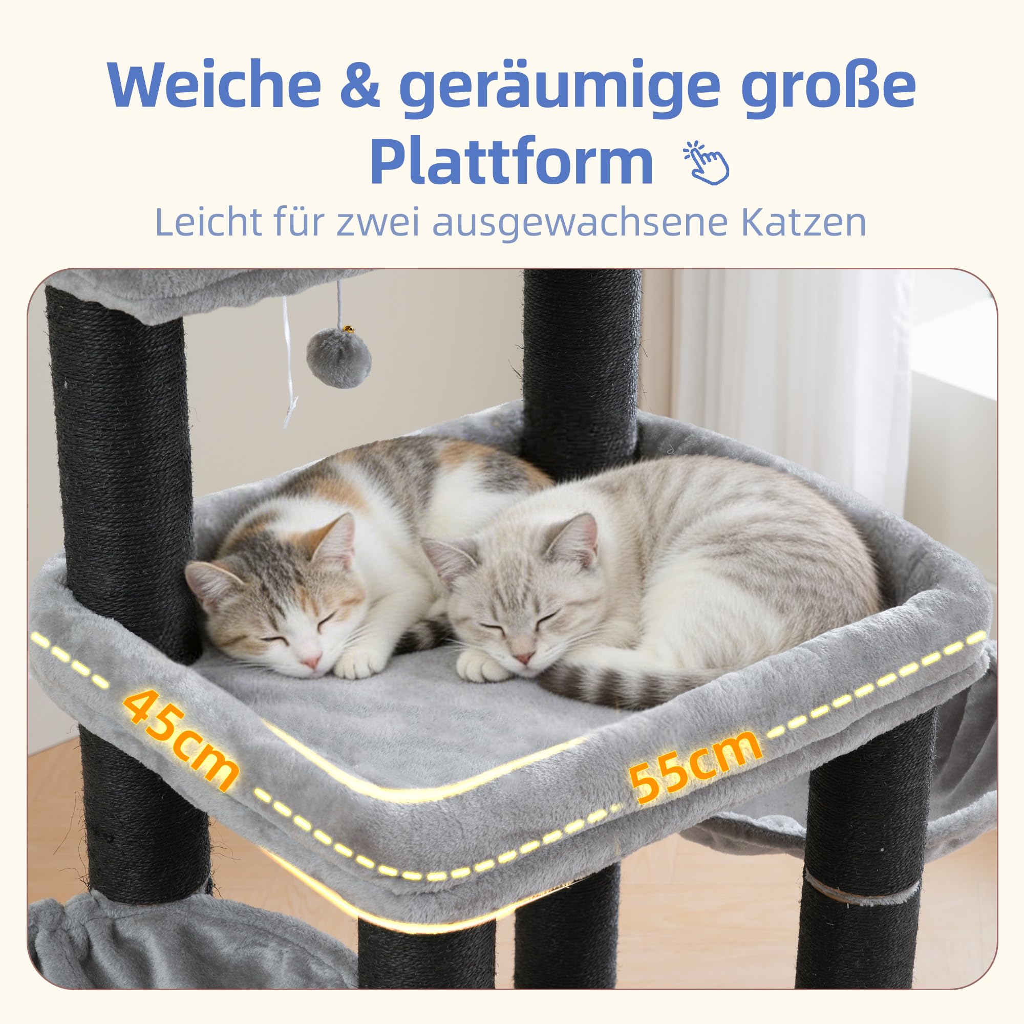 Hey-brother Kratzbaum, Stabil Katzenbaum für große Katzen und Maine Coons, mit 8 cm dicken Sisal-Kratzpfosten, Zwei Plattformen, Zwei Körben, großer Höhle und Fellpflegegerät, Hellgrau EMPJ02W