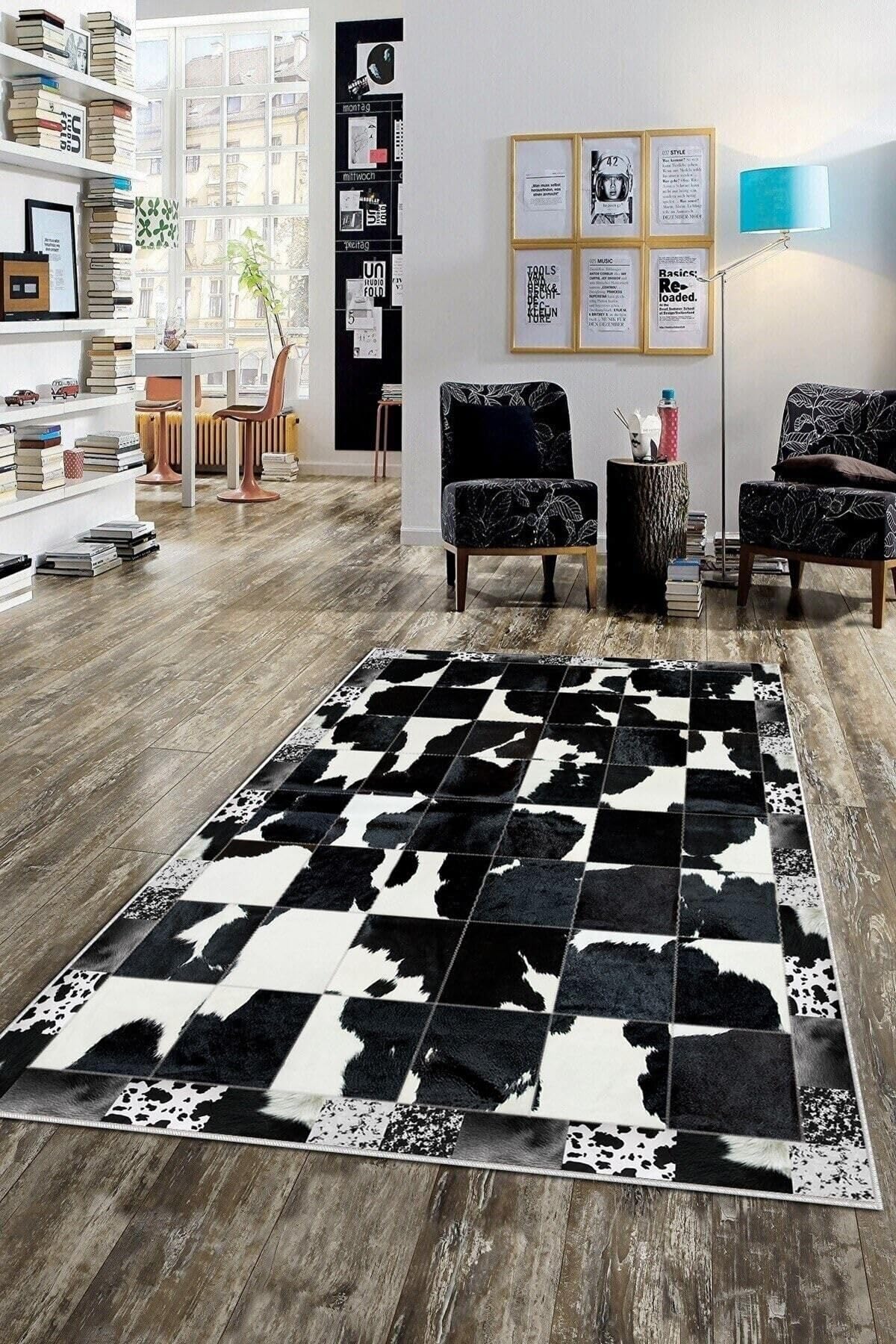 Pelangi Gri Dana Desenli Pacthwork Yıkanabilir Kaymaz Taban Leke Tutmaz Modern Salon Halısı Ve Yolluk, Siyah-Beyaz 100 x 200, 135801810020005