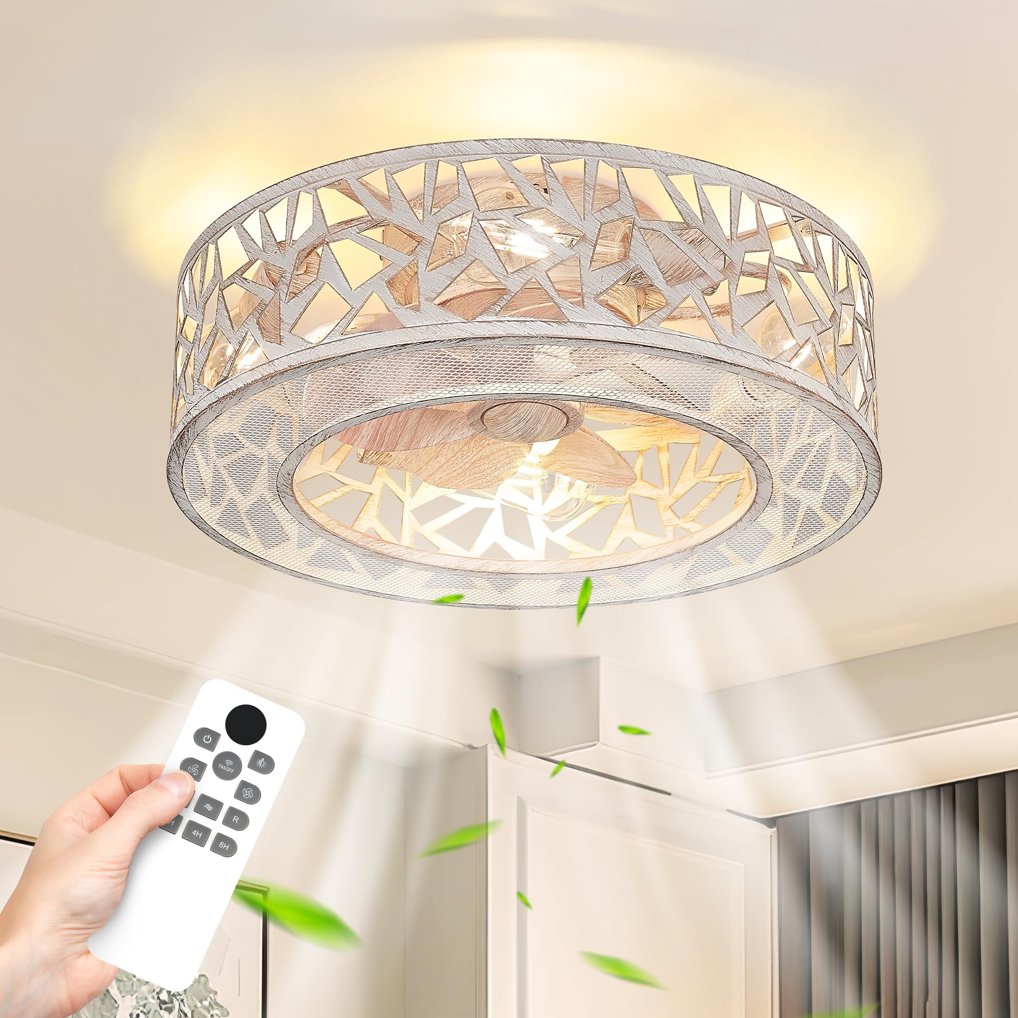 18 Inch Low Profile Caged Ceiling Fan with Light and Remote Control, 6 Speed Reversible Blades, White Flush Mount for Bedroom, Kitchen, Living Room