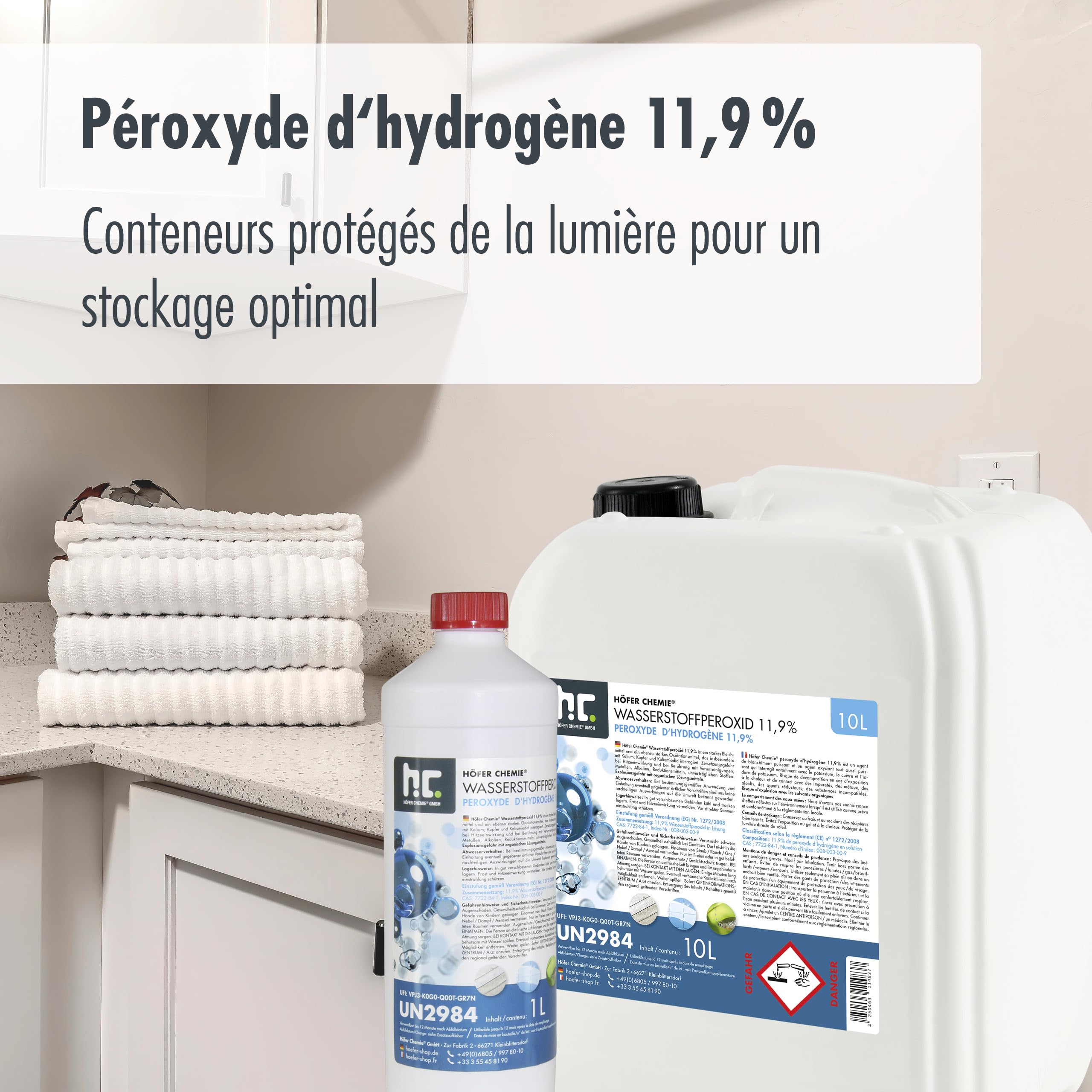 Höfer Chemie® Peroxyde d'hydrogène 11,9% – Bidon de (4 x 10 l) Stabilisé avec Bouchon de Sécurité
