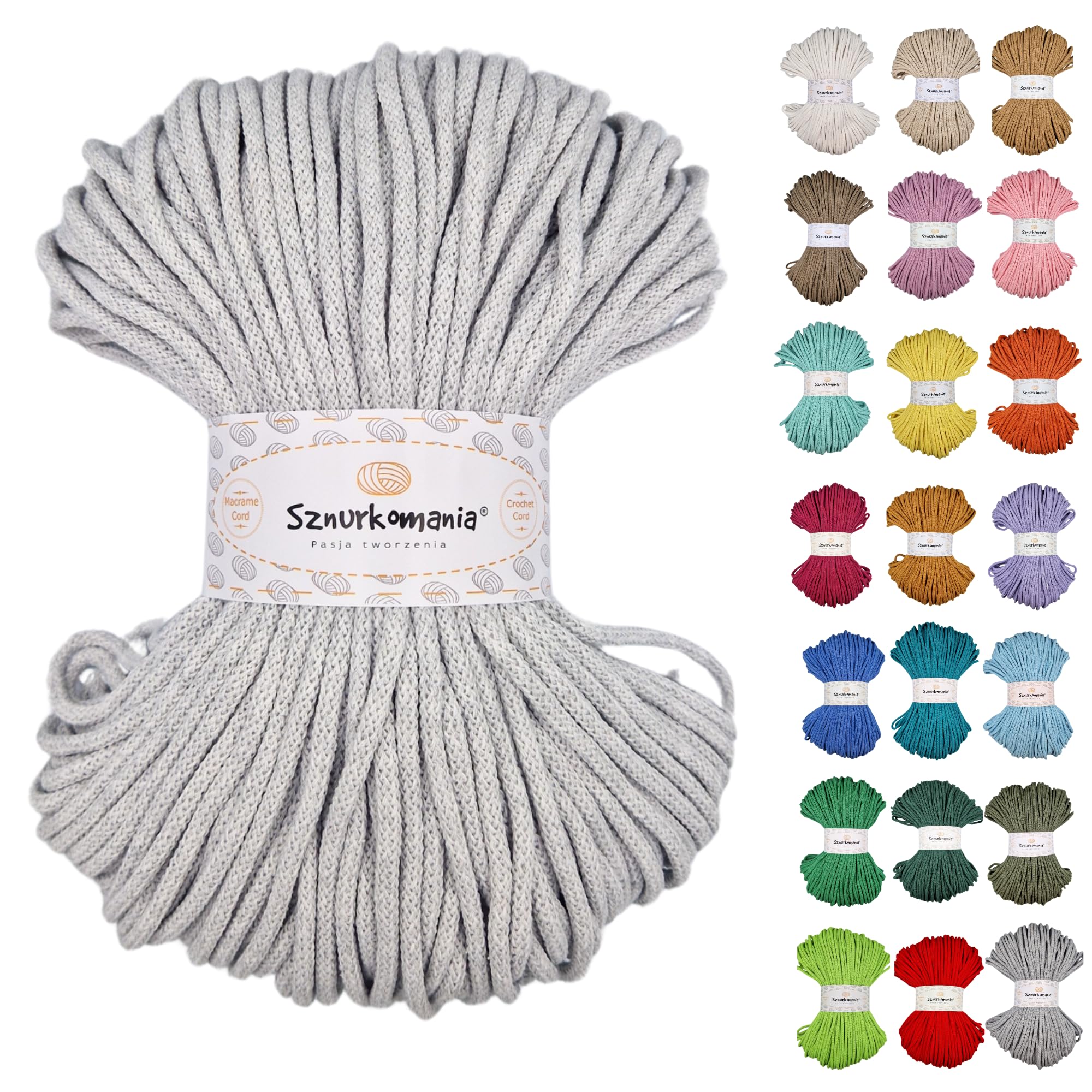 Sznurkomania, Braided Cotton Cord 5mm 100m, 46 Colors, Crochet Cord, Macrame Cord, Macrame Yarn, Premium Yarn, Macrame Rope, (Light Gray)