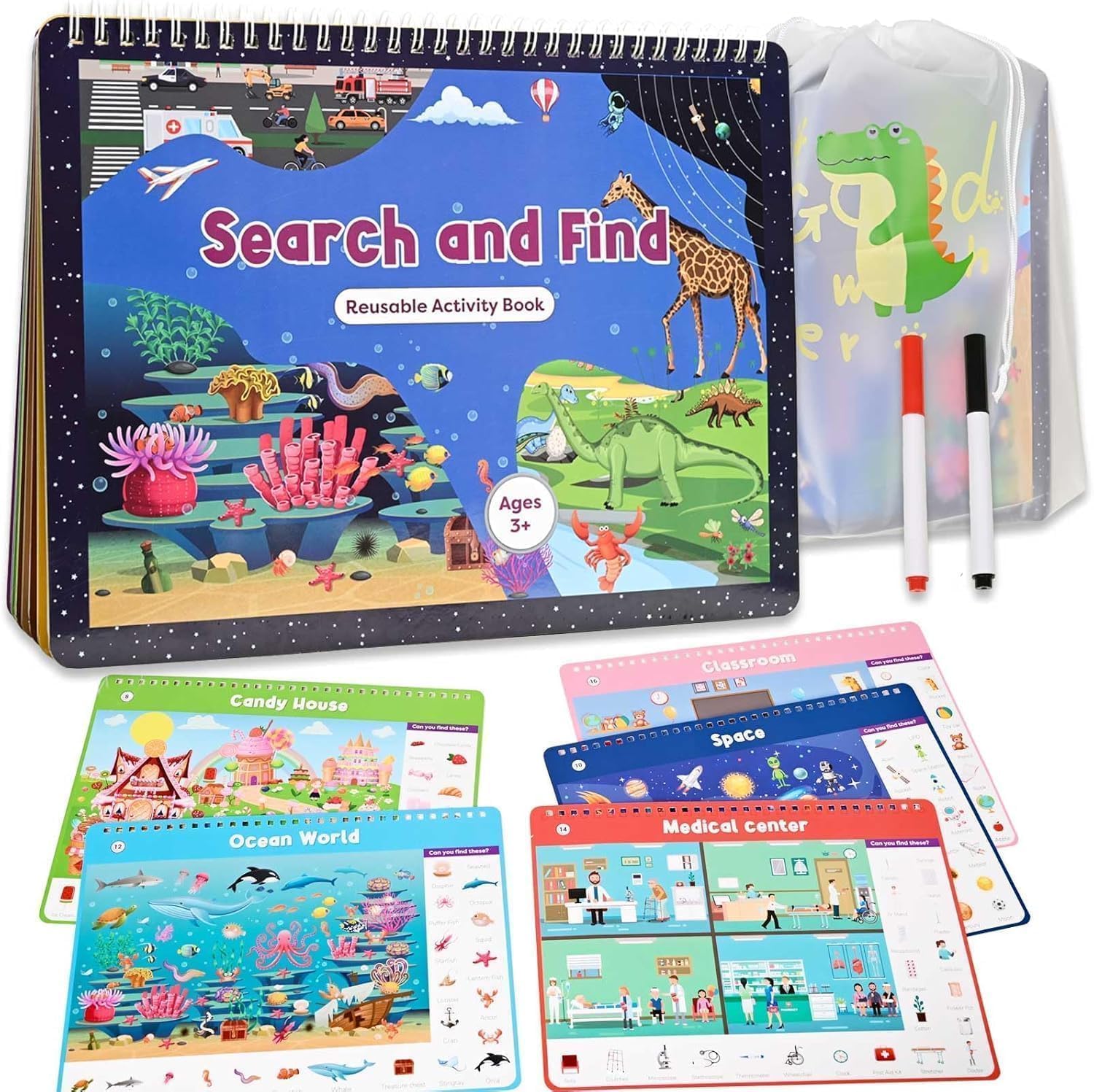 Zylota Search and Find Books for Kids 3-8,Reusable Activity Mats with 2 Markers24 Themes Activity Books,Travel Games for Car Airplane