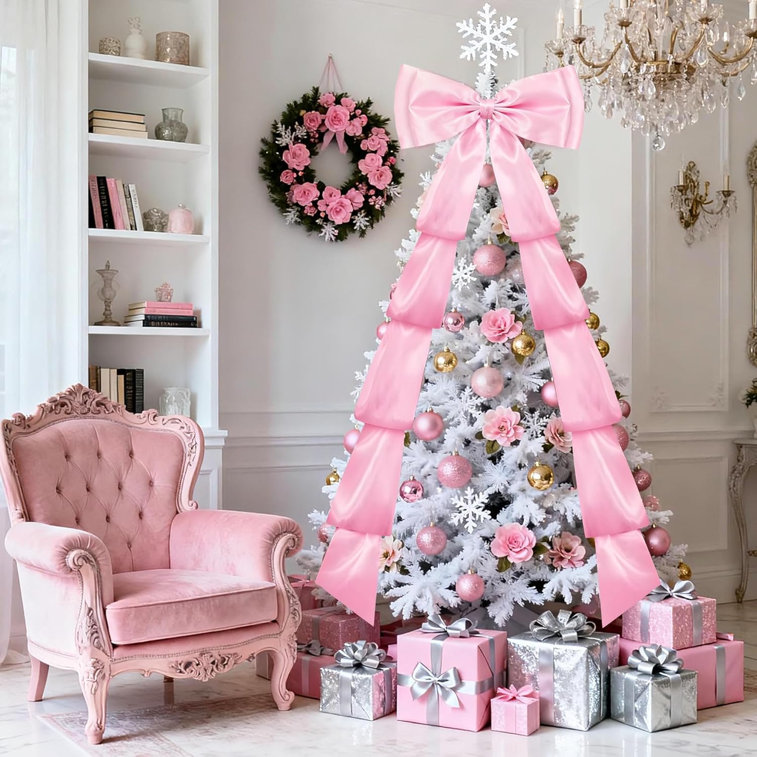 Valentine's Day Decoration Extra Large Tree Topper Giant Pink Bow 118×28" Double Layer Valentine's Bow with Long Streamers Huge Oversized Topper Decor for Home Wreath Door Valentine's Wedding Party
