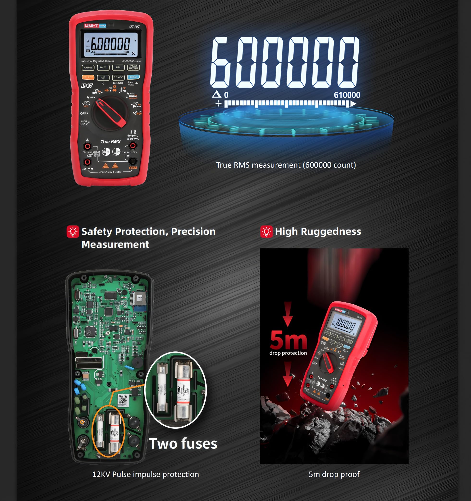UNI-T UT197 Industrie-True-RMS-Digitalmultimeter – 600.000-Zähler-Anzeige, IP67 wasserdicht & staubdicht, 5-Meter-Sturzschutz, VFD-Interferenzunterdrückungsmodus