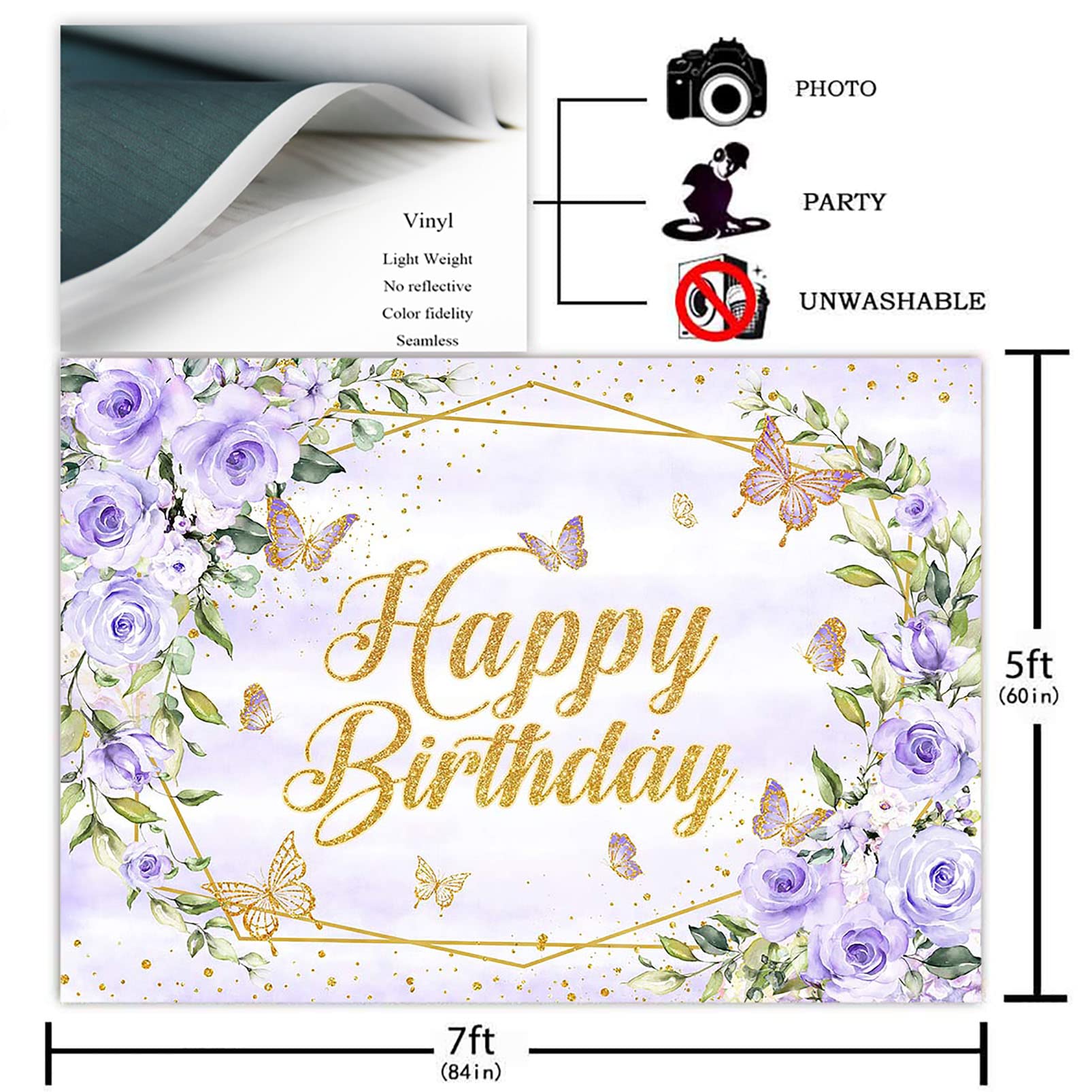 Avezano Purple Butterfly Happy Birthday Backdrop - 7x5ft Photo Background For Girls Party, Glitter Dots & Flowers