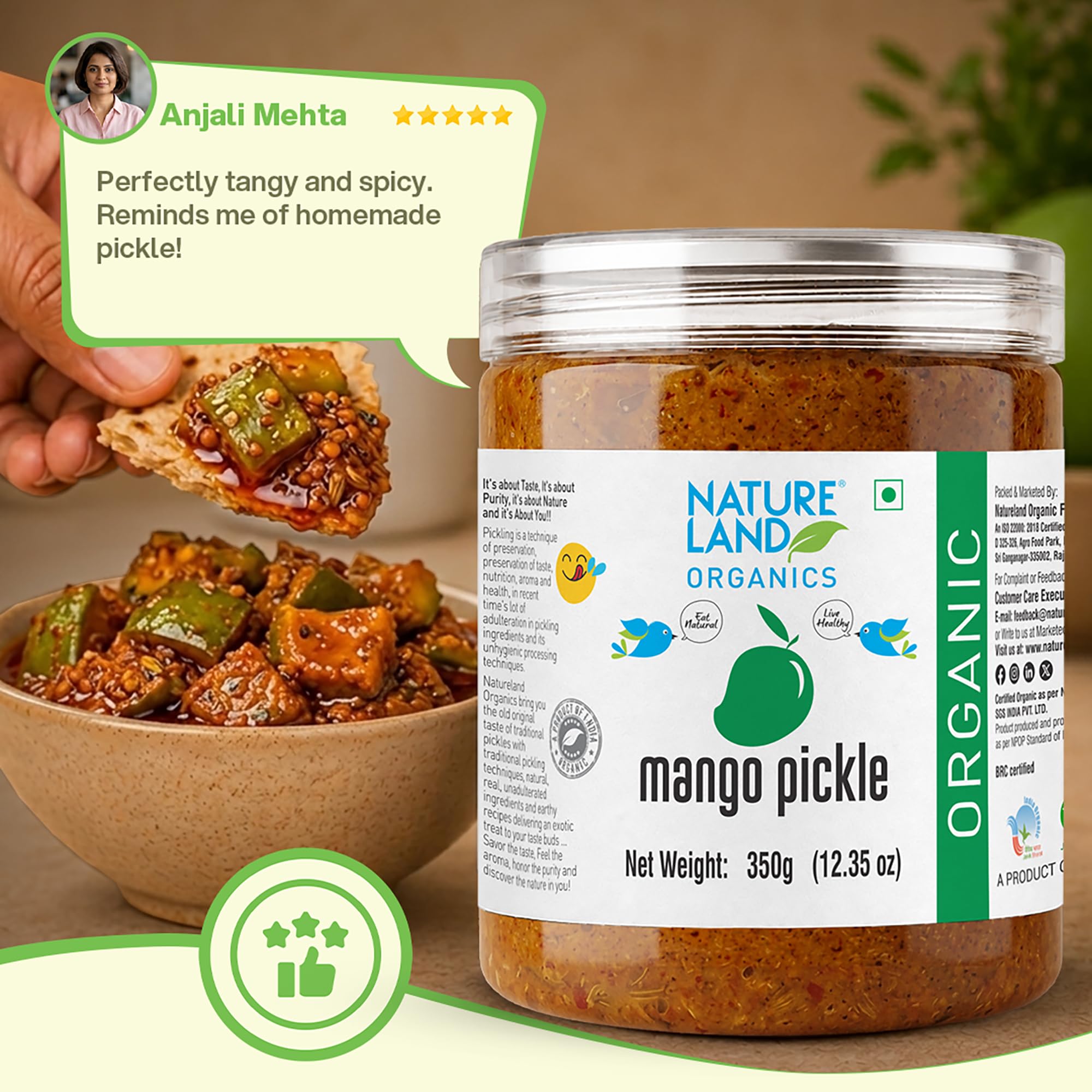 Natureland Organics Mango Pickle 350 Gm - Organic Healthy Pickles (packaging may vary) 3