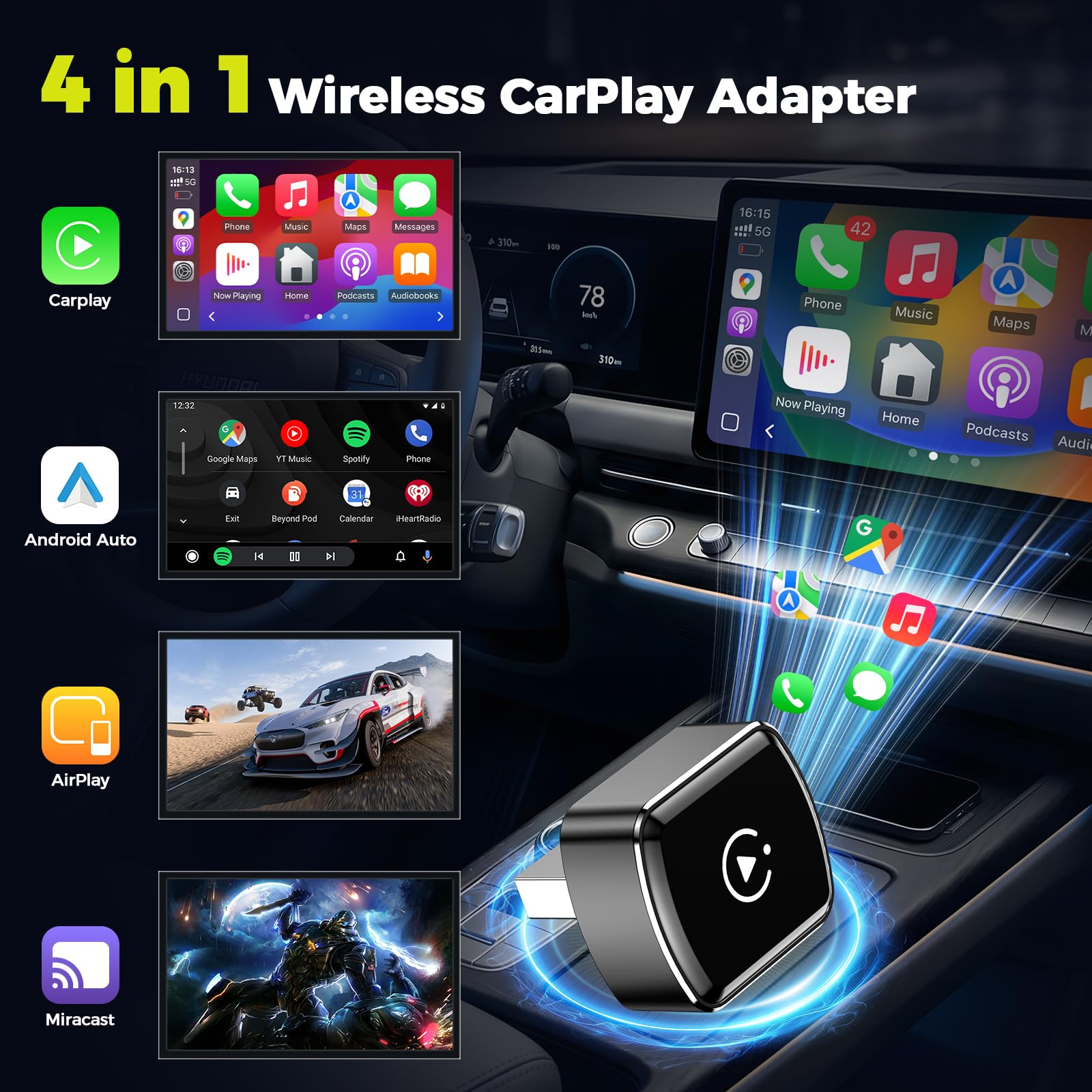 LAMTTO Adattatore CarPlay Wireless per iPhones e Android Auto,AirPlay/Miracast,Converte Car Play/Android Auto Cablato in Wireless,Plug & Play,Compatibile Solo con Auto 2016+ Dotate di CarPlay Cablato