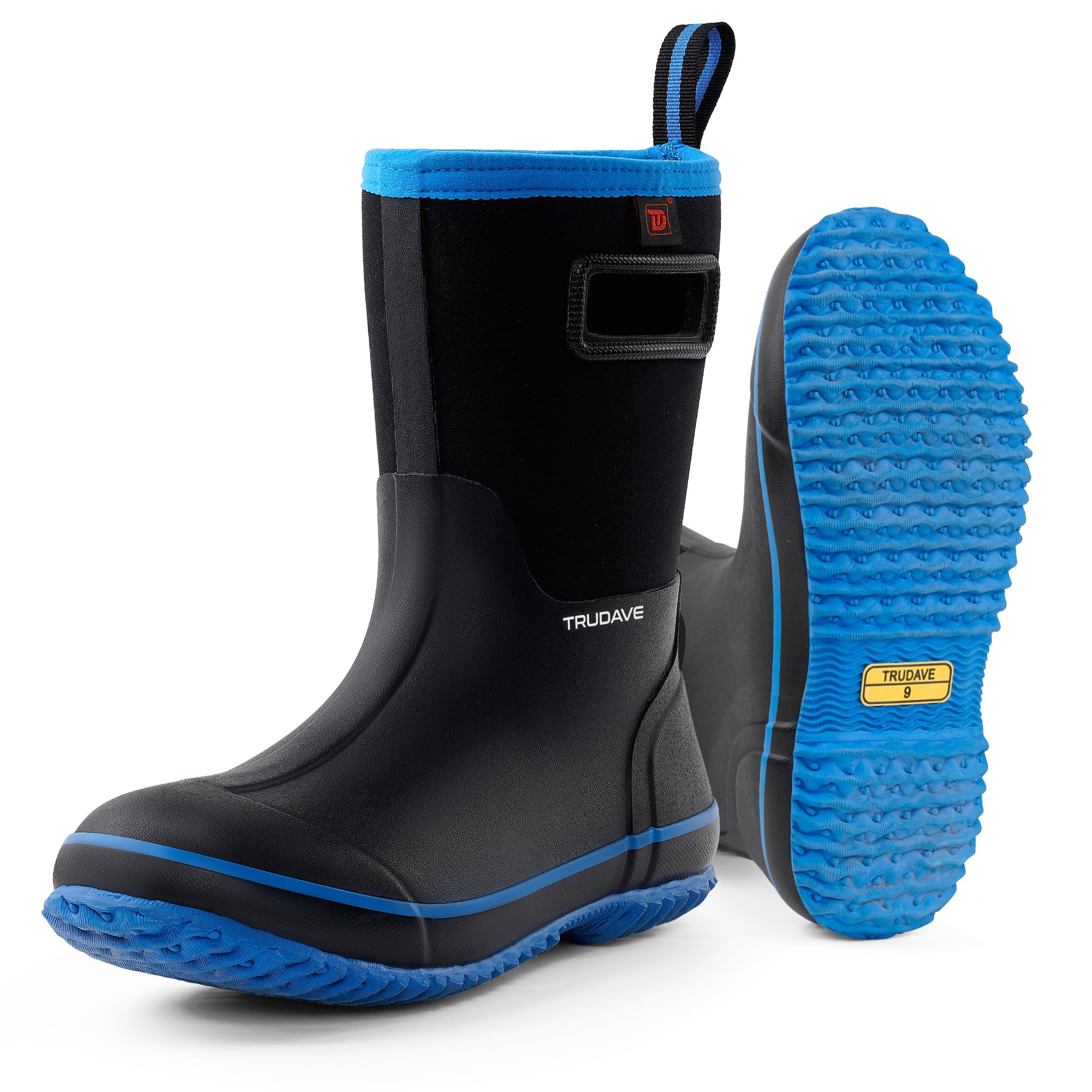 Trudave Rubber Rain Boots for Men, Neoprene Waterproof Rain Boots, Mid Calf All-Season Mud Boots, Insulated Warm Outdoor Work Shoes for Hunting, Gardening, Farming, Yard Working