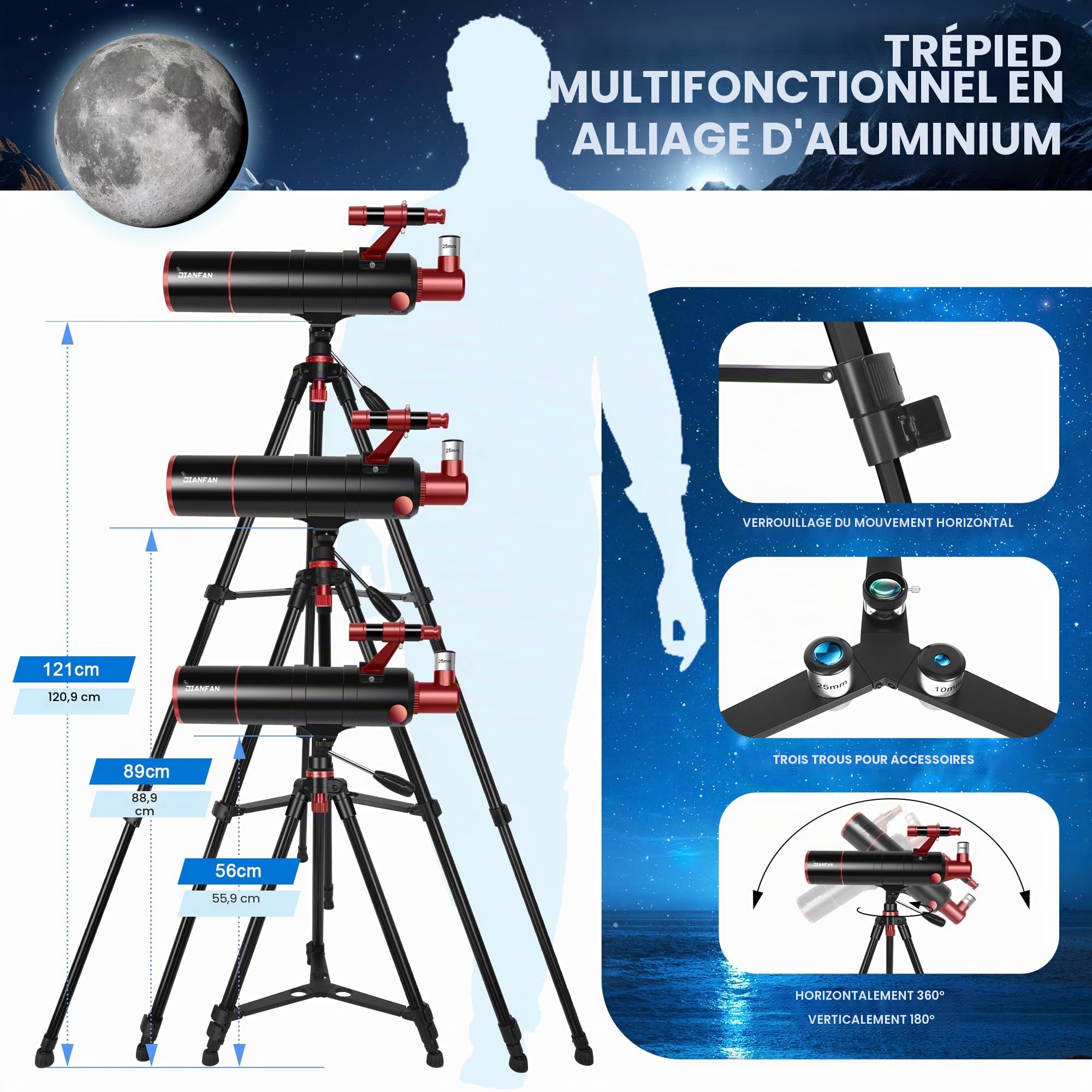 Dianfan Télescope 90/550 Astronomique pour Adultes, Télescope Réfracteur Portatif pour Débutants avec Monture AZ, Trépied, Adaptateur pour Smartphone, Sac de Transport et Tabouret Pliant