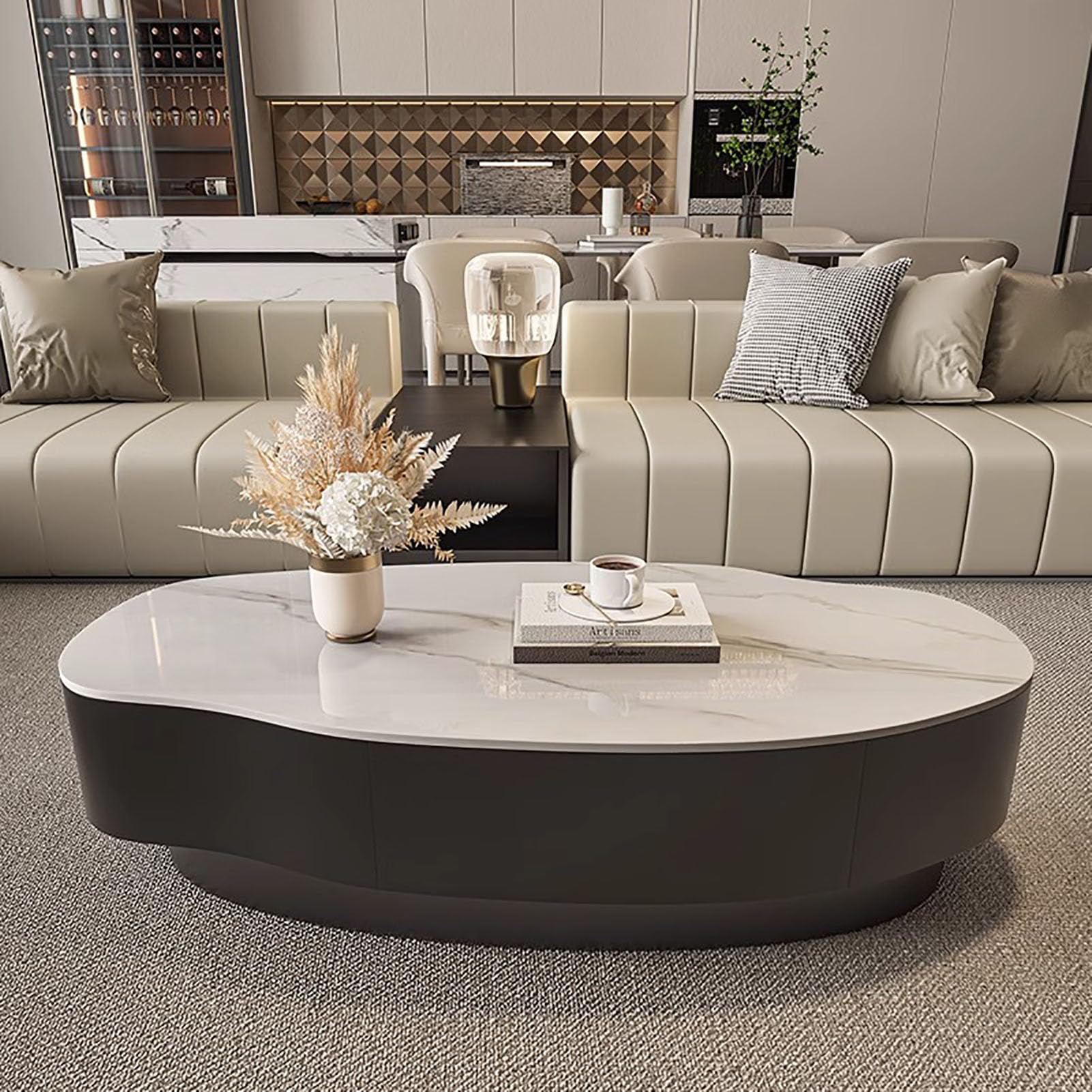 SXZenSpace Oval Coffee Table with Storage, Modern Creative Design Faux Marble Veneered Irregular Pedestal Center for Living Room Apartment,B,120x60x33cm(47x24x13inch)