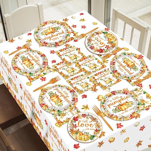 Miniatura 6 de 3 manteles de calabaza pequeña para decoración de fiesta de baby shower, con texto en inglés "A Little Pumpkin is On The Way" para baby shower,