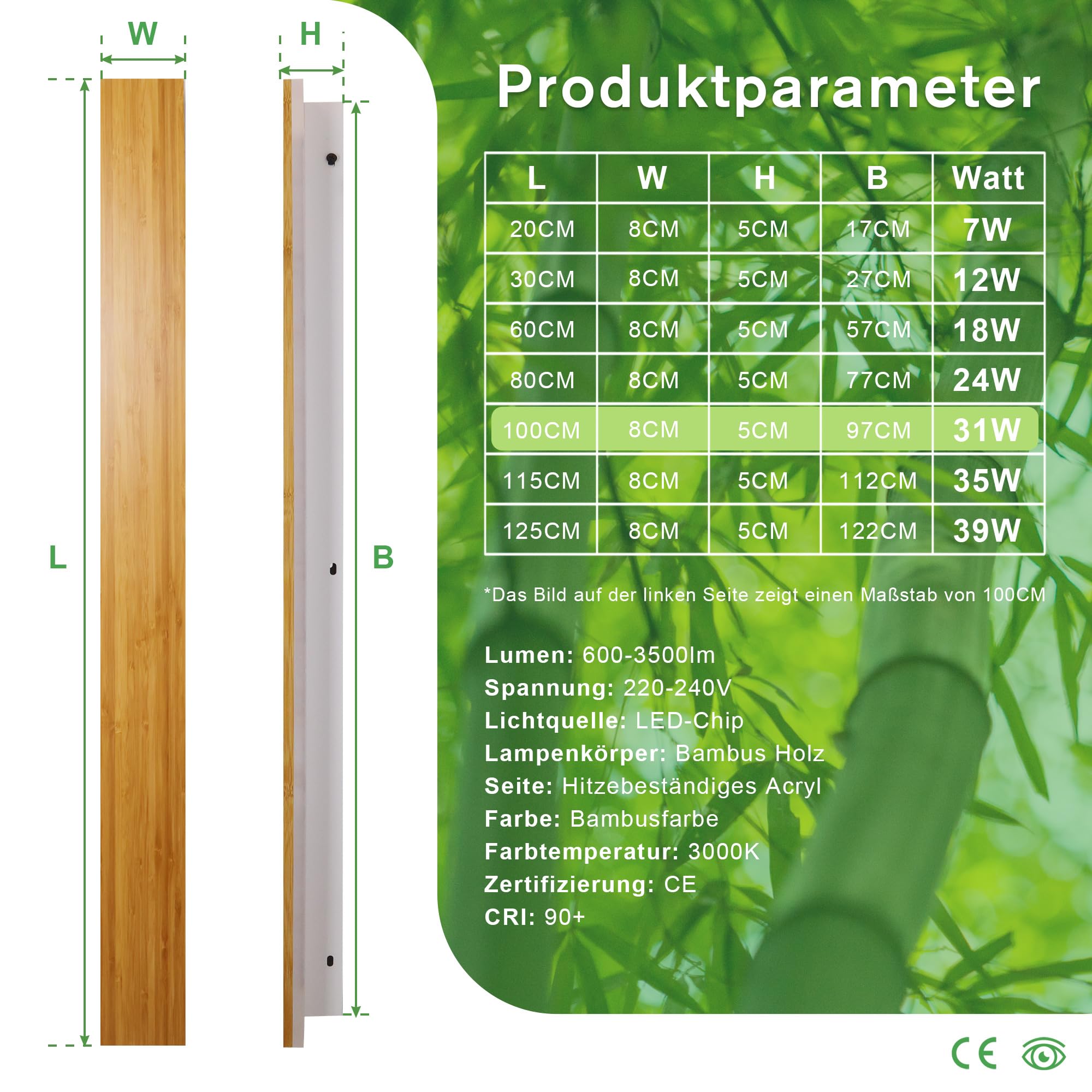 Apliques de Pared LED Lámpara de pared de madera para interiores Luces de pared de madera de bambú 24w Luces de pared 3000k Iluminación de pared moderna para dormitorio Sala de estar Pasillo,80cm
