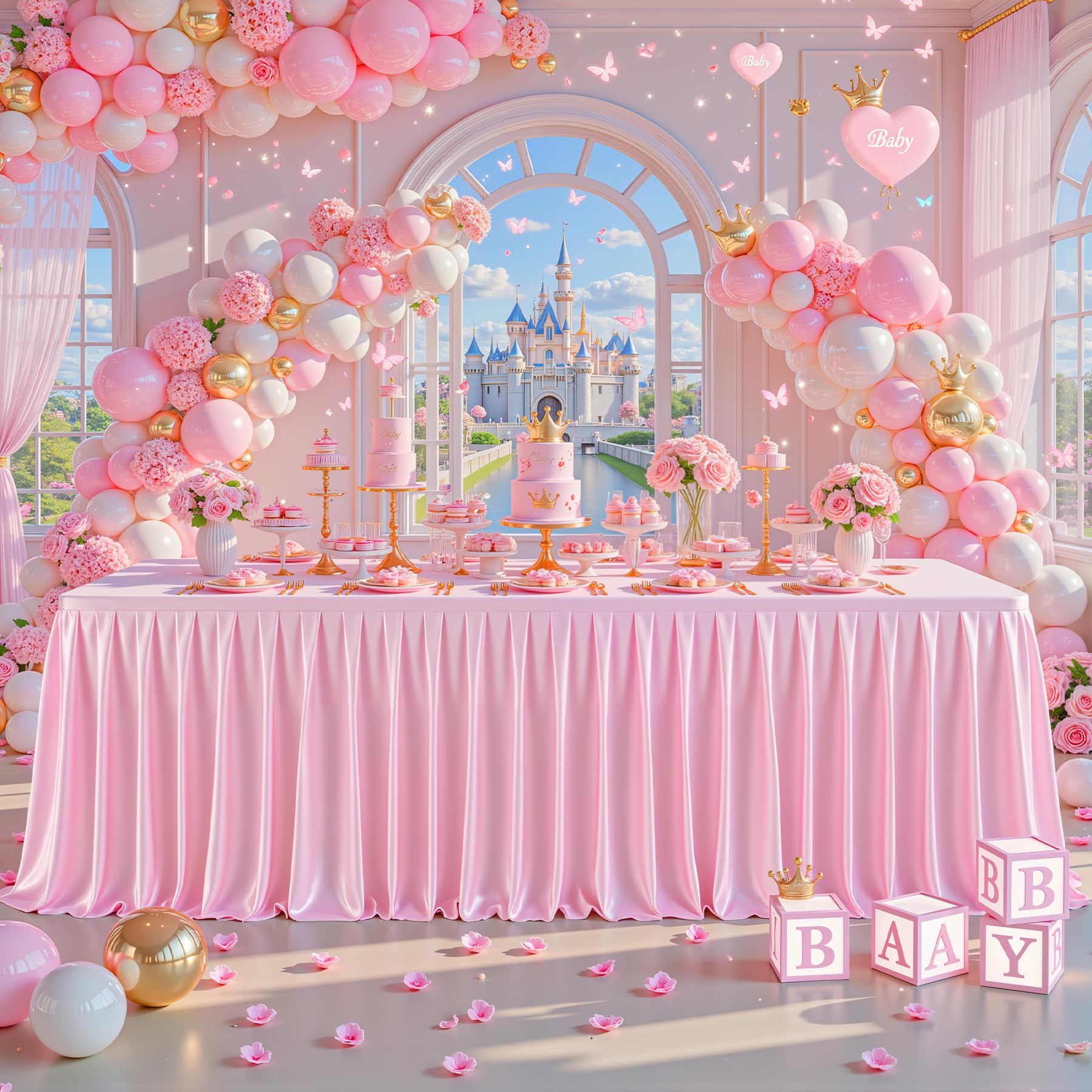 4FT Pink Satin Tablecloths for Rectangle Tables - Shiny Spandex Party Table Cover with Pleated Table Skirt, No-Wrinkle & Glossy Wedding Tablecloth One-Piece for Birthday Baby Shower Banquet Ceremony