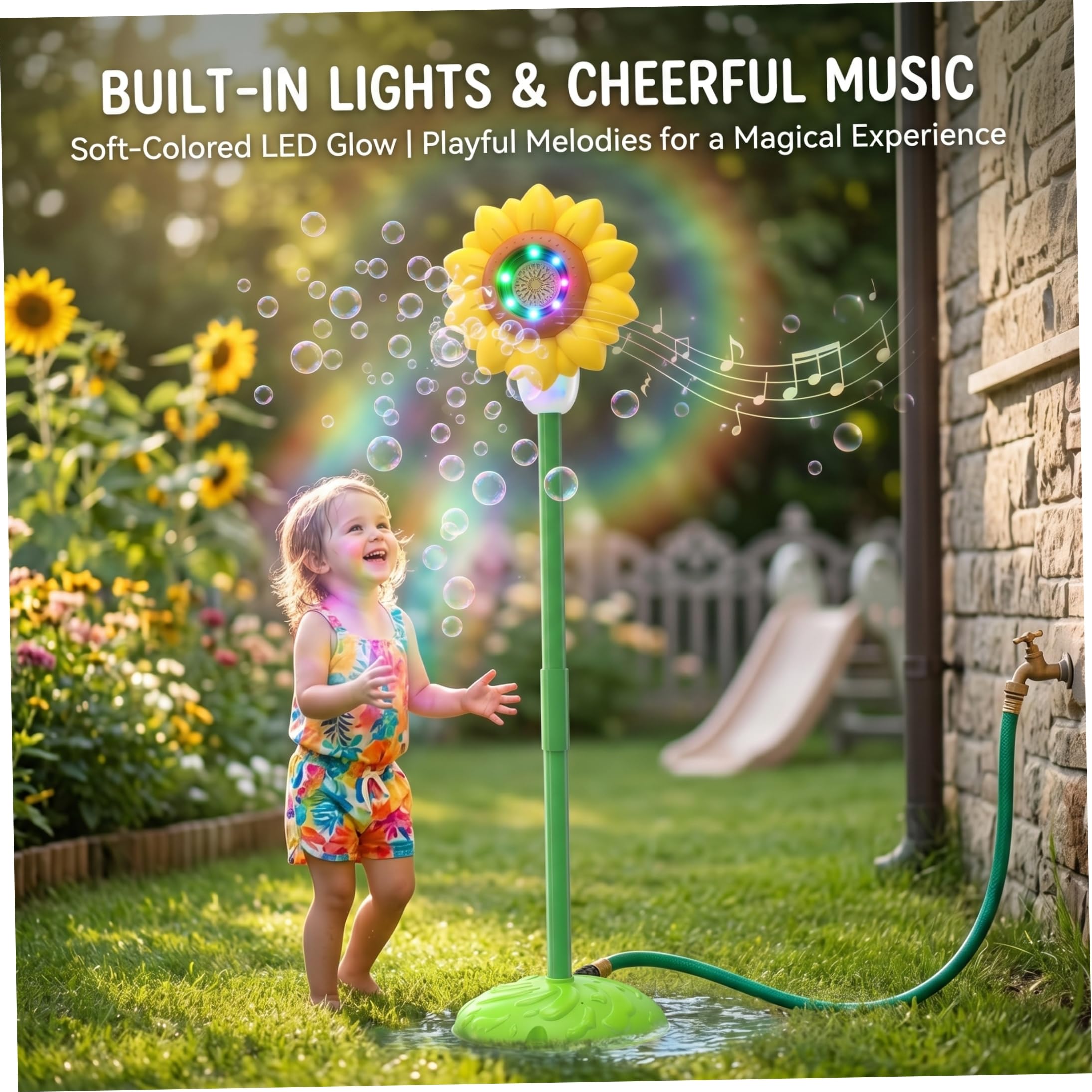 Máquina automática de Burbujas, antorcha de Burbujas de pie de Girasol con rociador, Luces y música, Fabricante Amarillo al Aire Libre para Fiestas en el jardín de niños